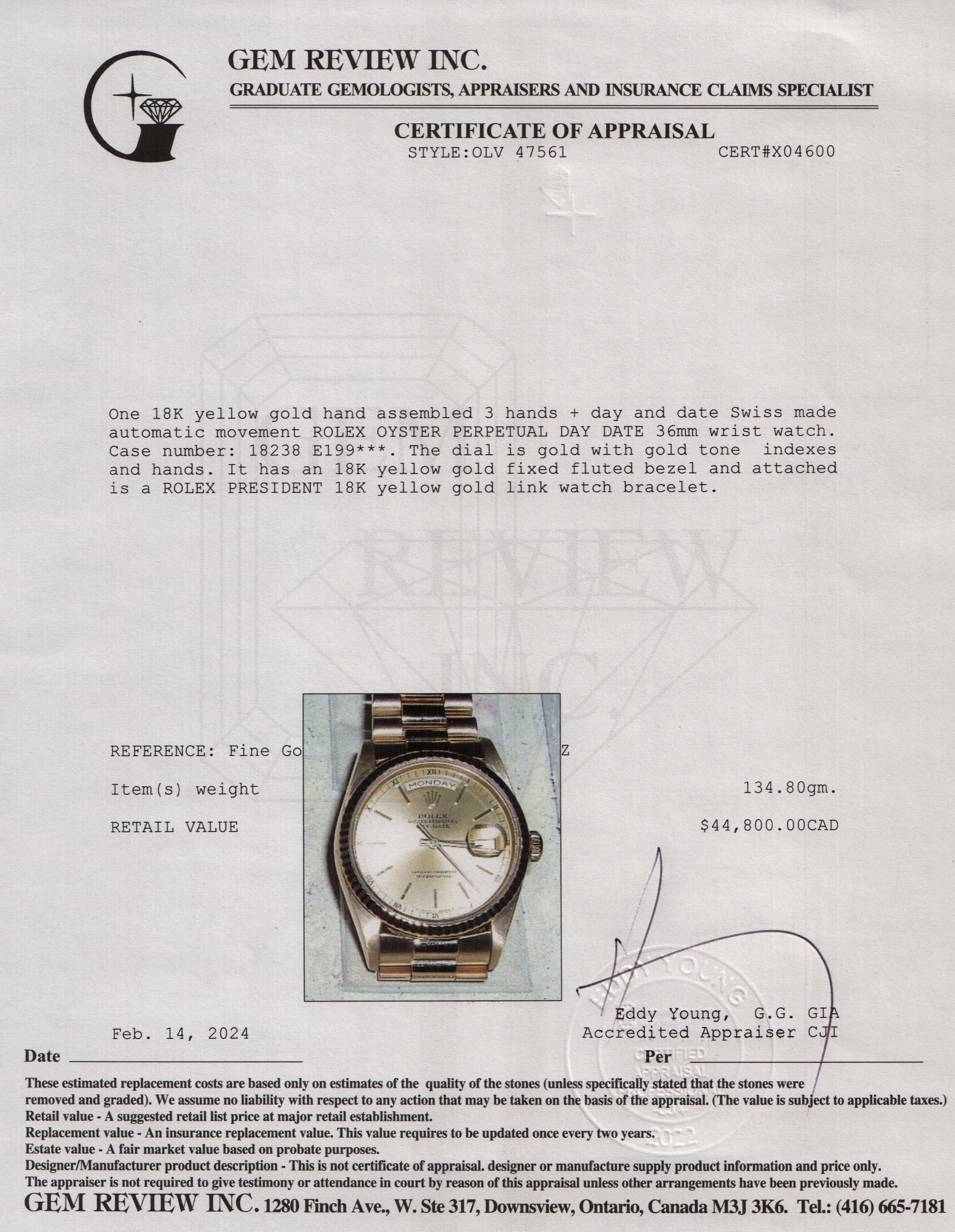 Rolex 18k Yellow Gold Day Date 36 MM President Watch