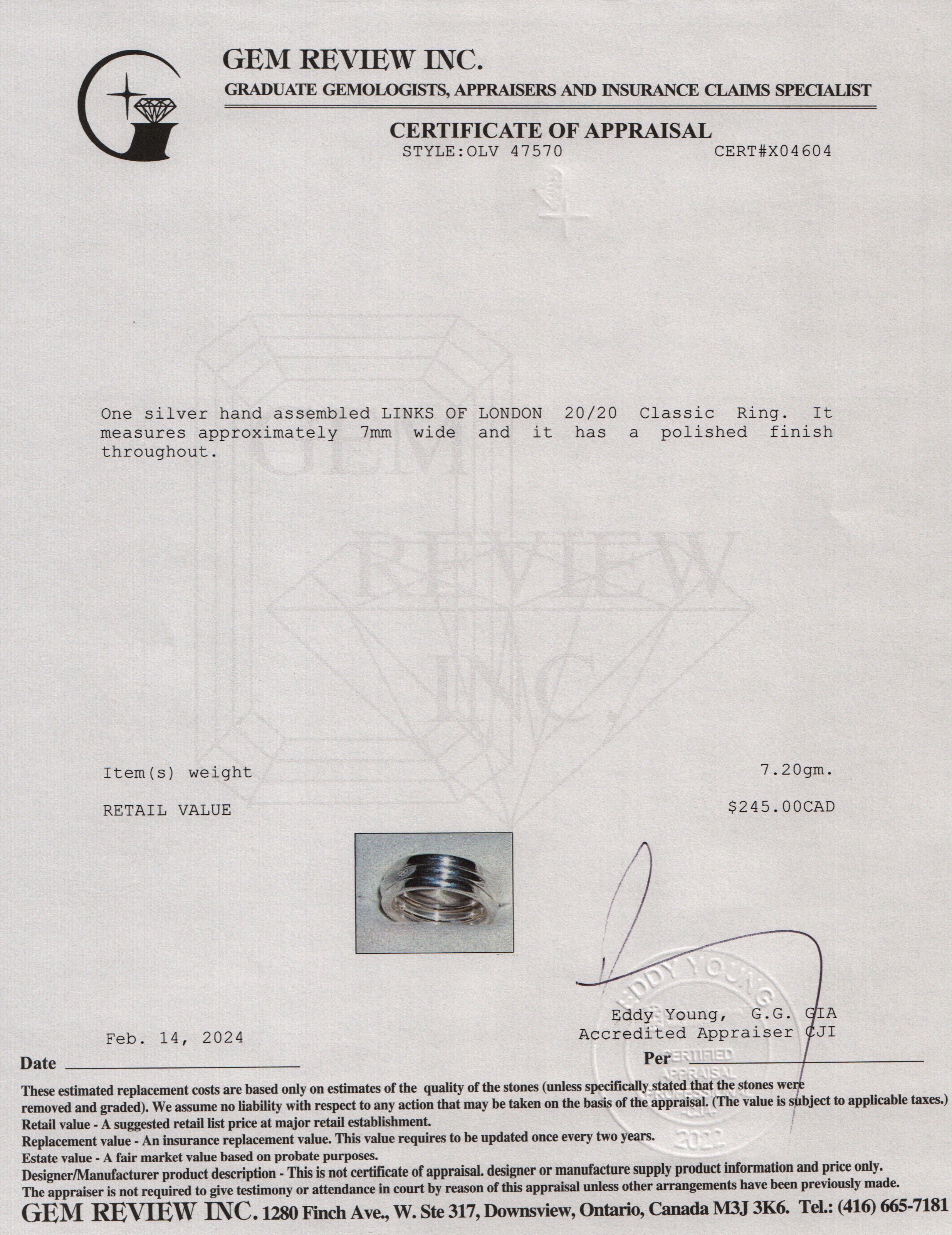 Links of London Sterling Silver 20/20 Classic Ring, Size 6 w/ Box