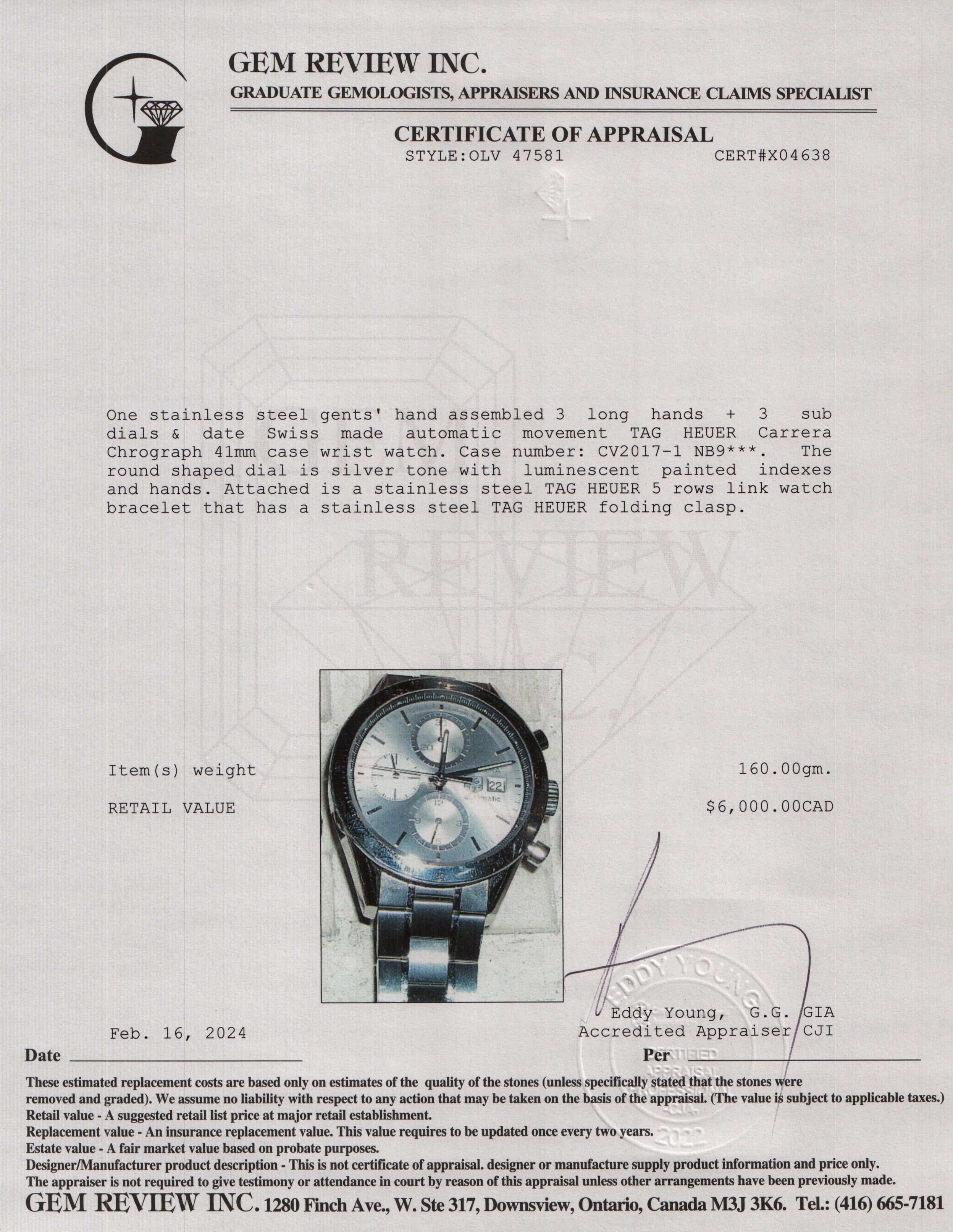 Tag Heuer Stainless Steel Carrera 41 MM Chronograph Automatic Watch w/ Box & Papers