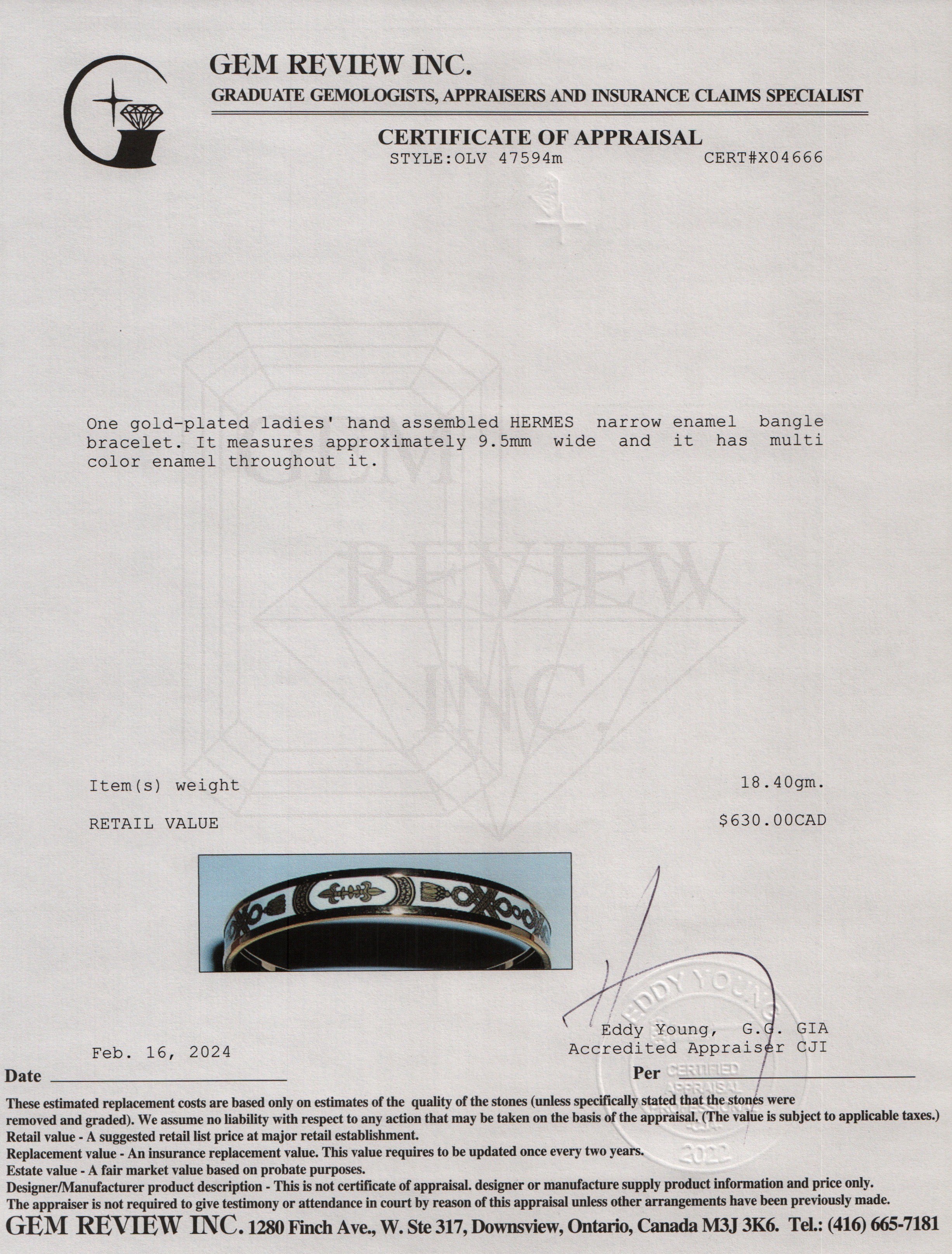 Hermes Gold-Plated Enamel Narrow Bangle w/ Box