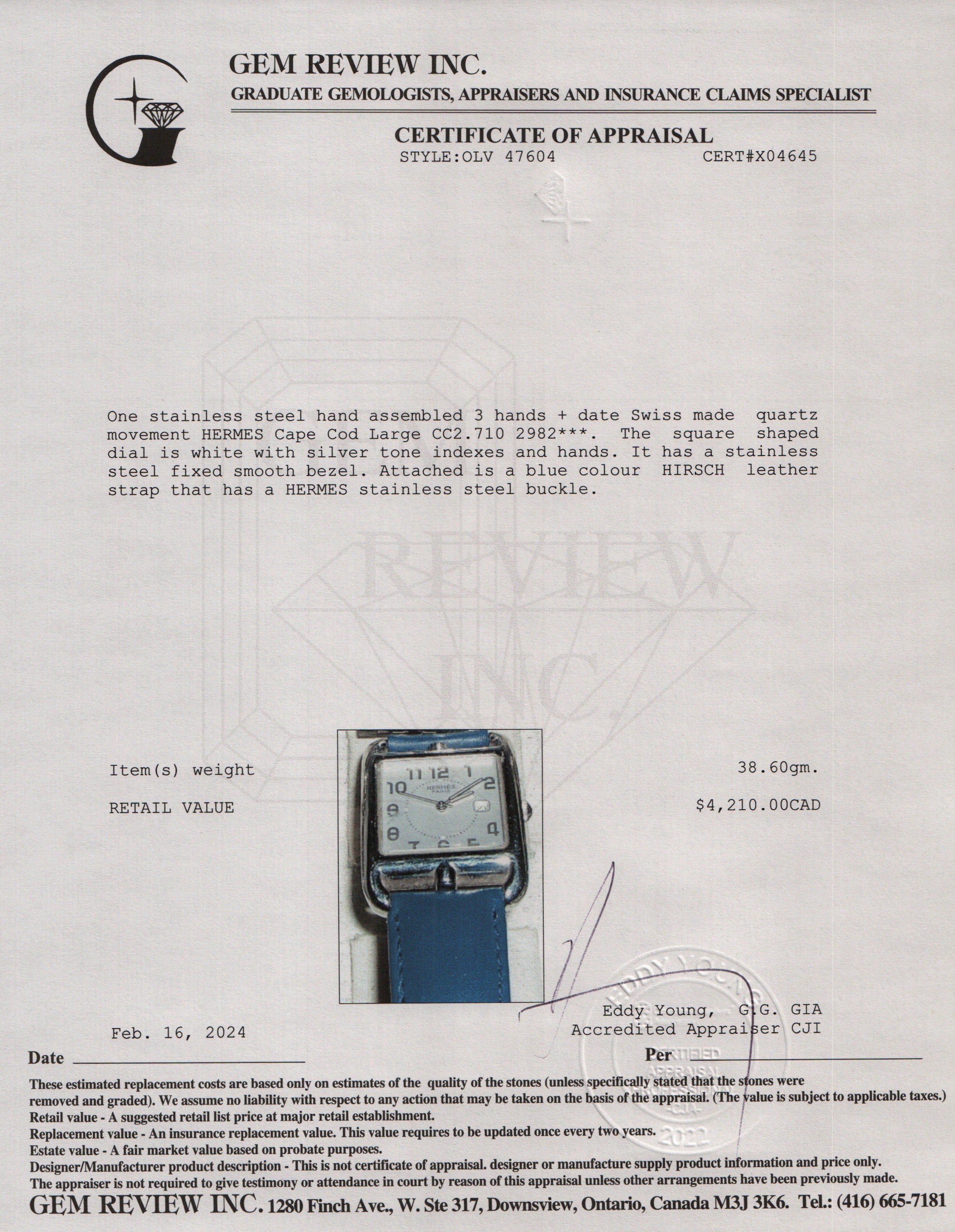 Hermes Stainless Steel Cape Cod 29 MM Watch w/ Box & Papers