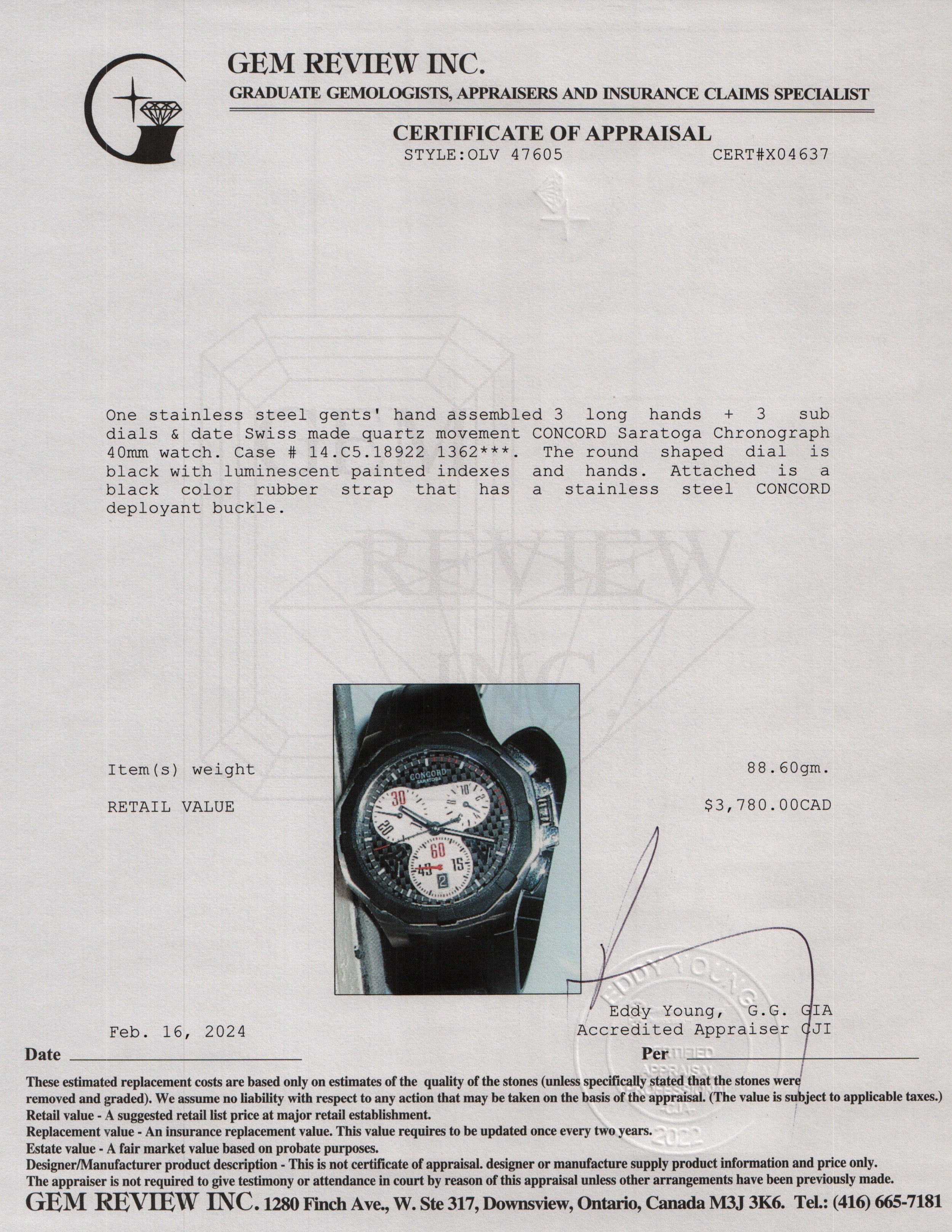 Concord Stainless Steel Saratoga 40 MM Chronograph Watch