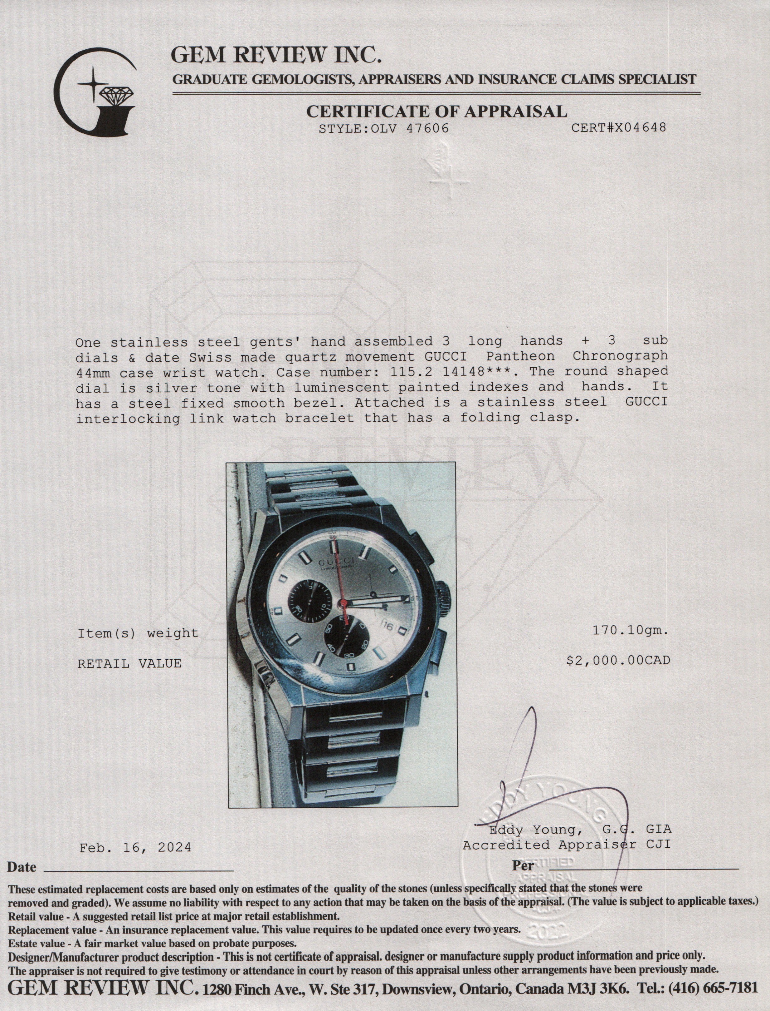 Gucci Stainless Steel Pantheon 44 MM Chronograph Watch w/ Box & Papers