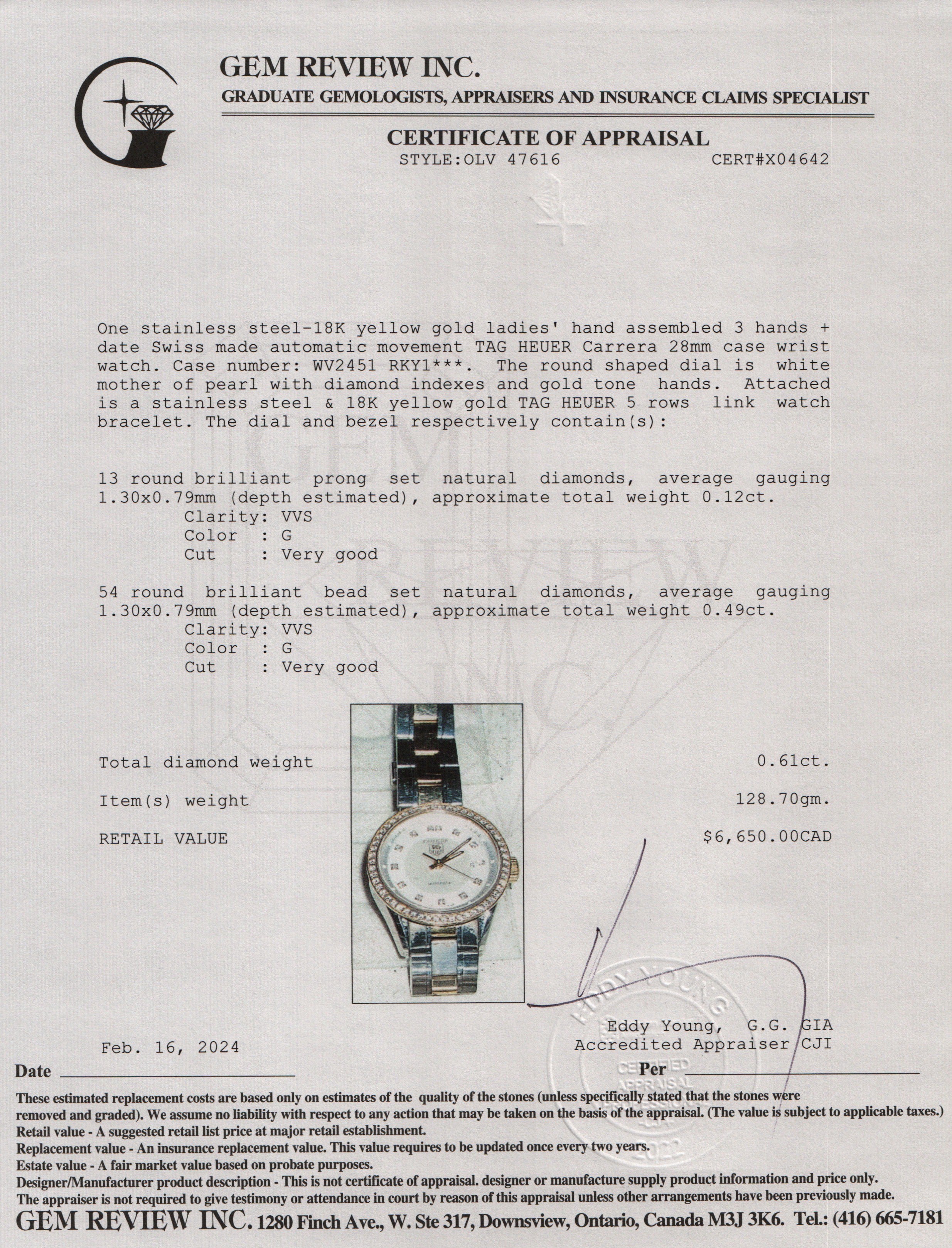 Tag Heuer Stainless Steel & 18k Yellow Gold Diamond Bezel & Dial Carrera 28 MM Automatic Watch