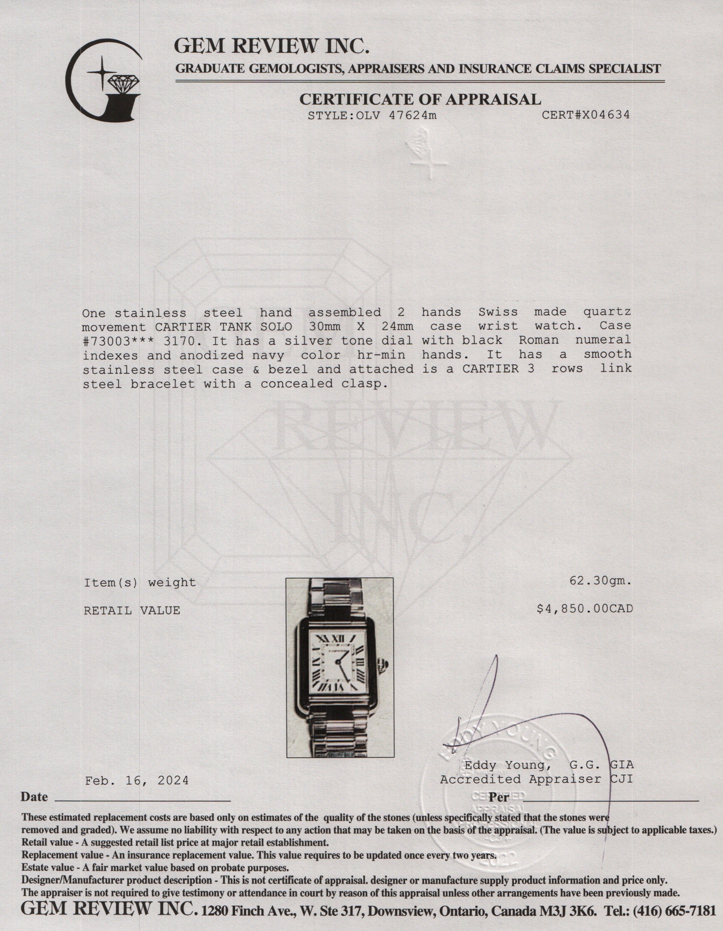 Cartier Stainless Steel Tank Solo 24 MM Watch, Small Model w/ Box & Receipt