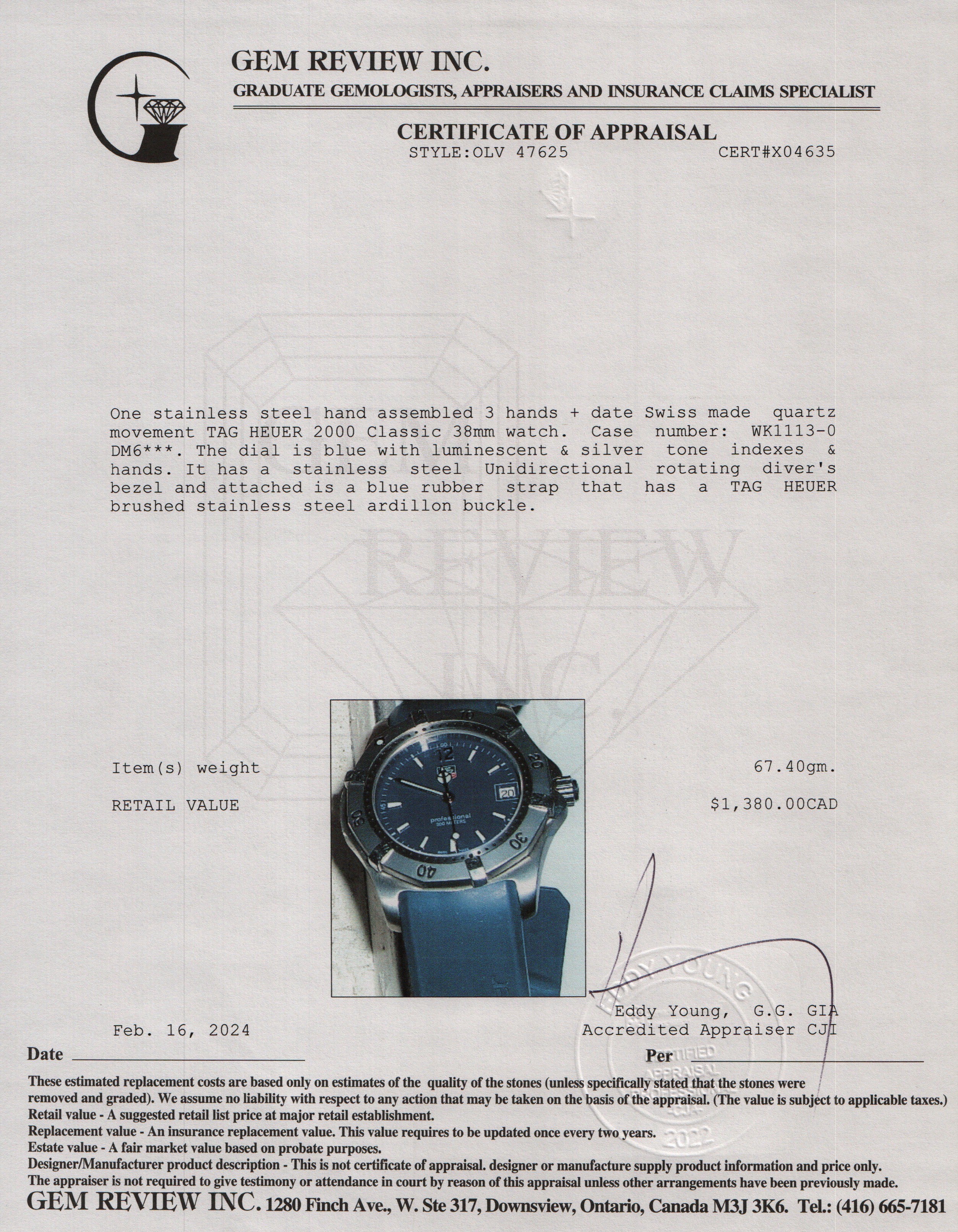 Tag Heuer Stainless Steel 2000 Classic 38 MM Watch