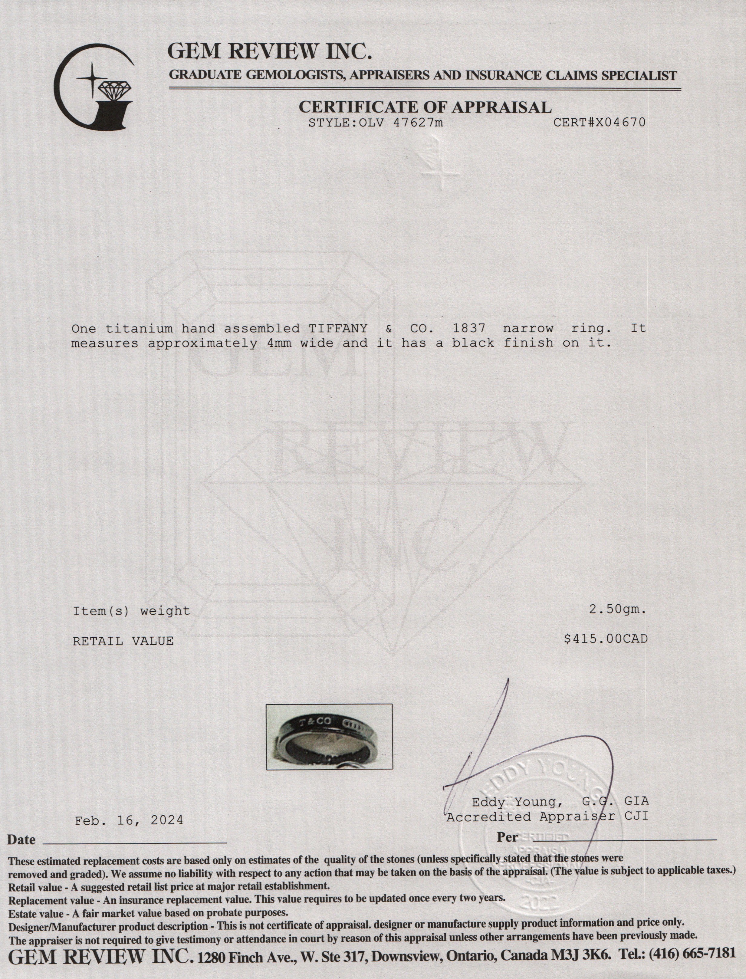 Tiffany & Co. Titanium 1837 Narrow Ring, Size 8