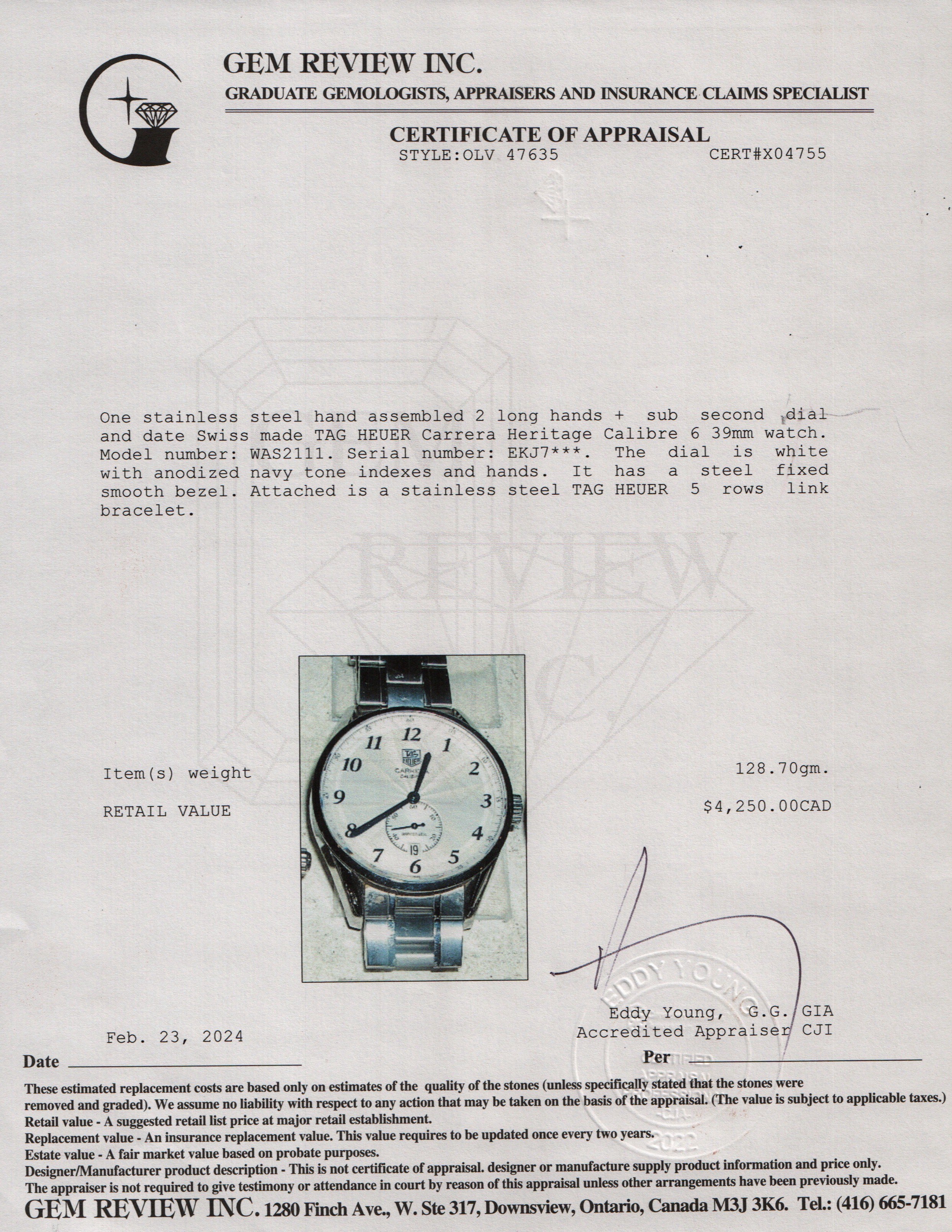 Tag Heuer Stainless Steel Carrera Heritage Calibre 6 39 MM Automatic Watch