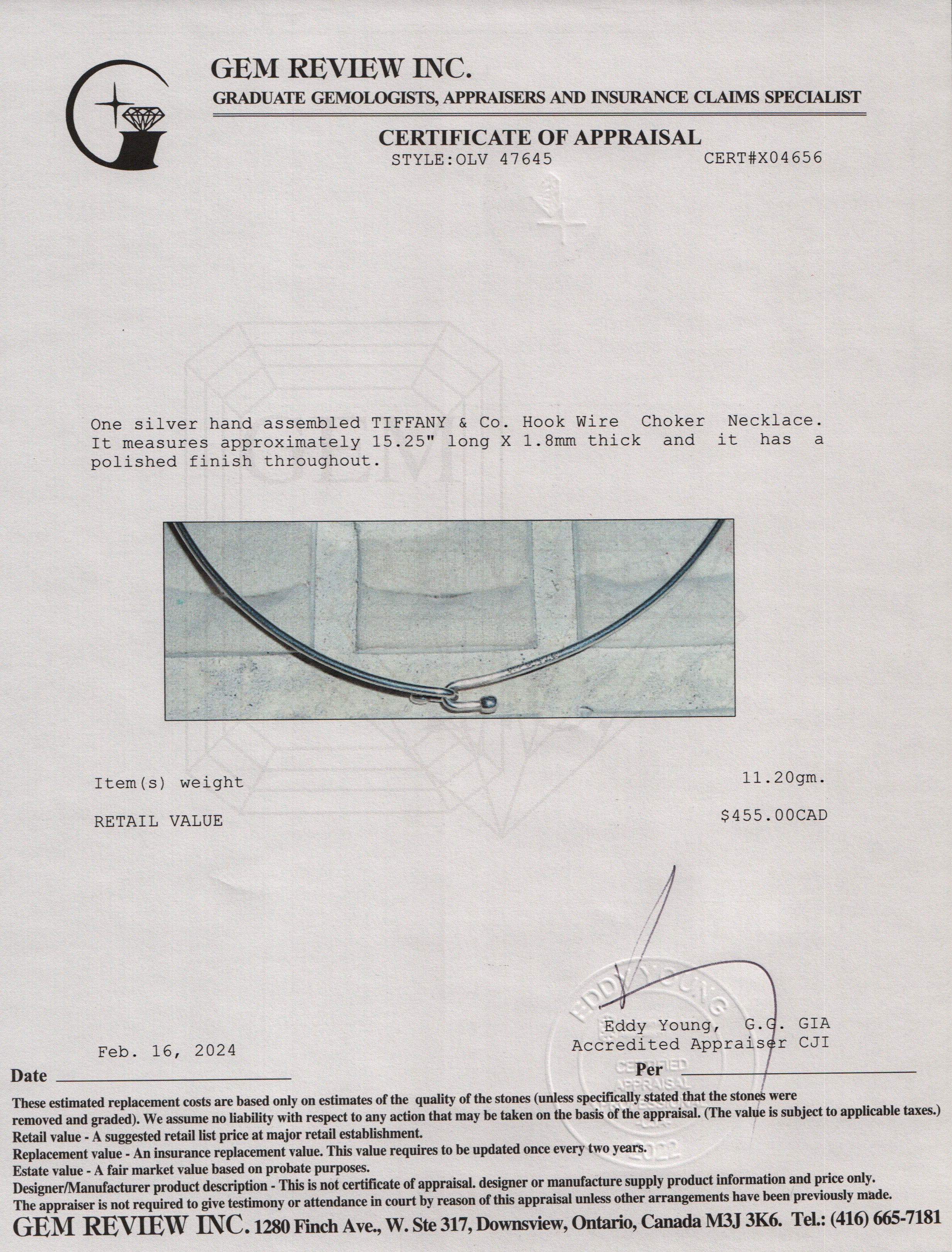 Tiffany & Co. Sterling Silver Wire Hook Choker Necklace w/ Box