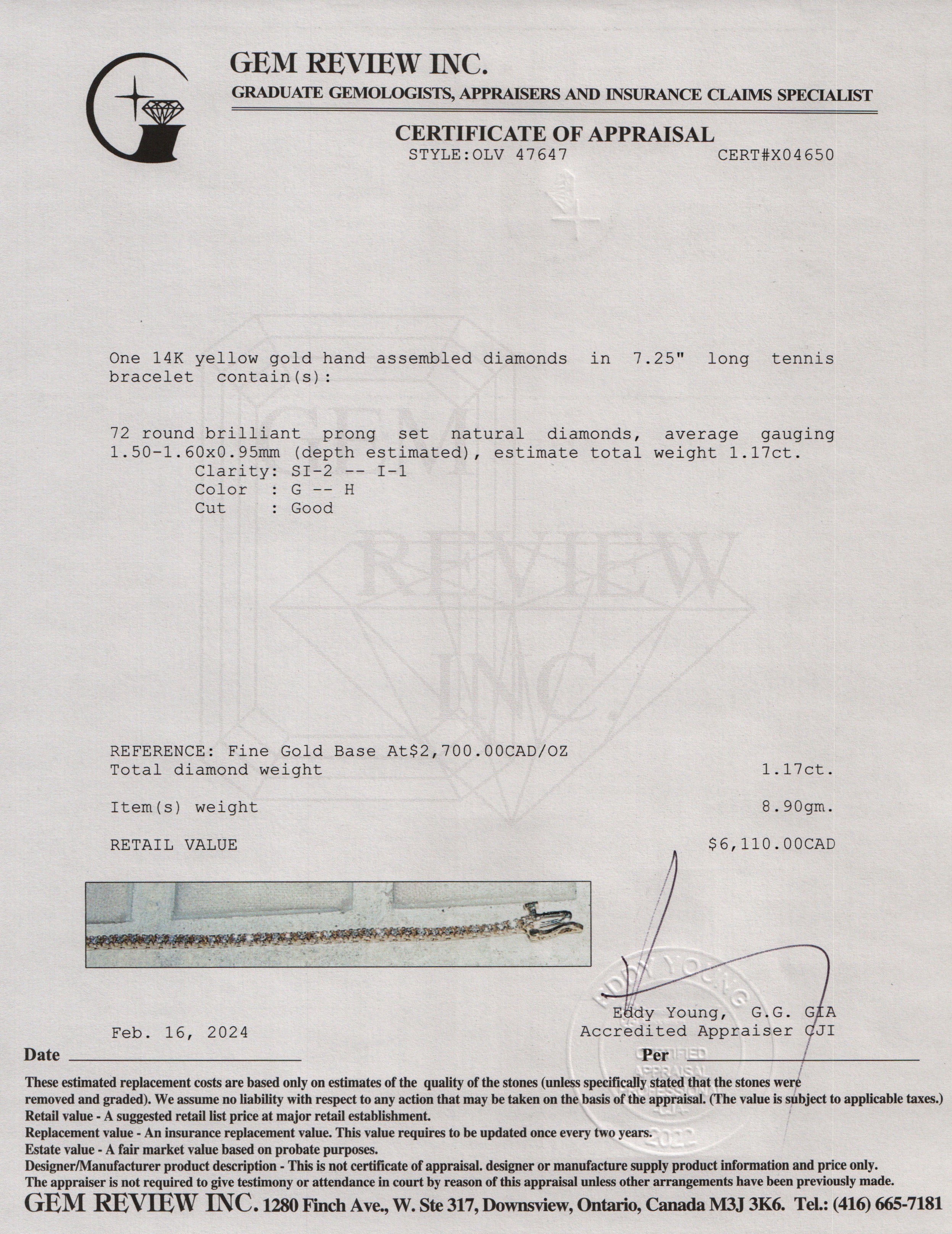 14k Yellow Gold 1.17 tcw Diamond Tennis Bracelet