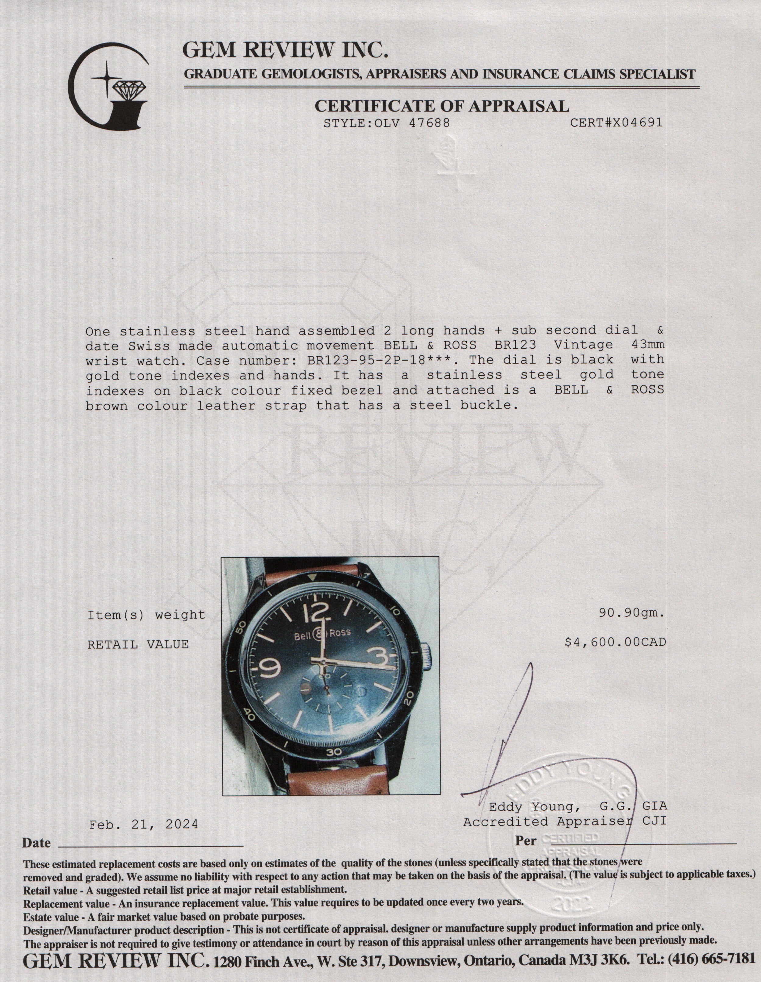 Bell & Ross Stainless Steel BR 123 Vintage 43 MM Auotmatic Watch w/ Box & Papers