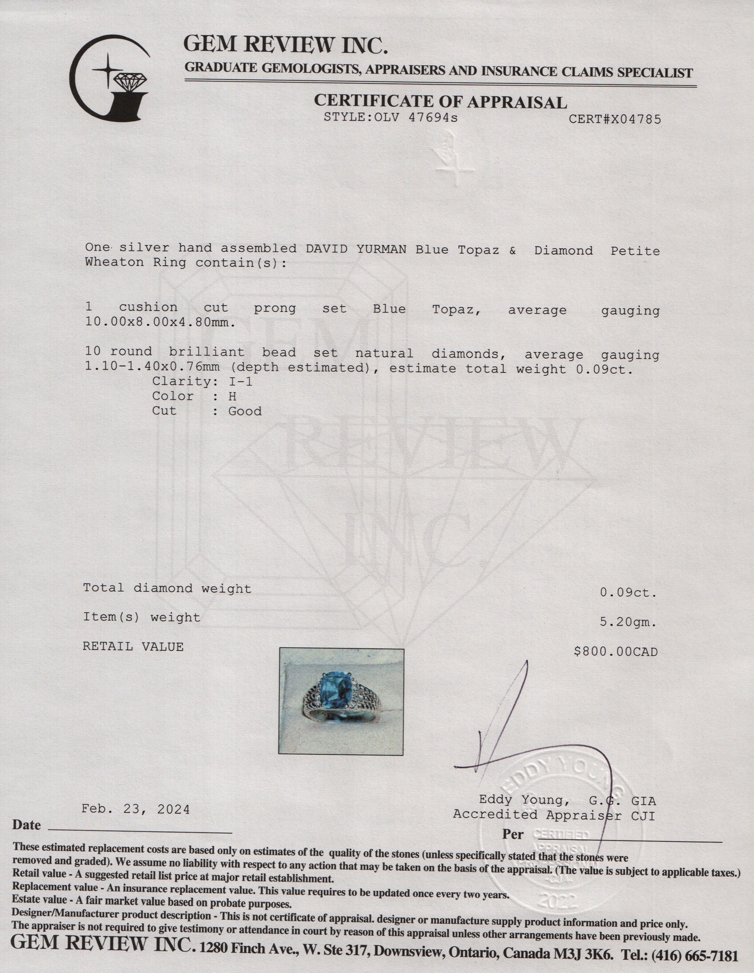 David Yurman Sterling Silver Blue Topaz & Diamond Petite Wheaton Ring, Size 6.5