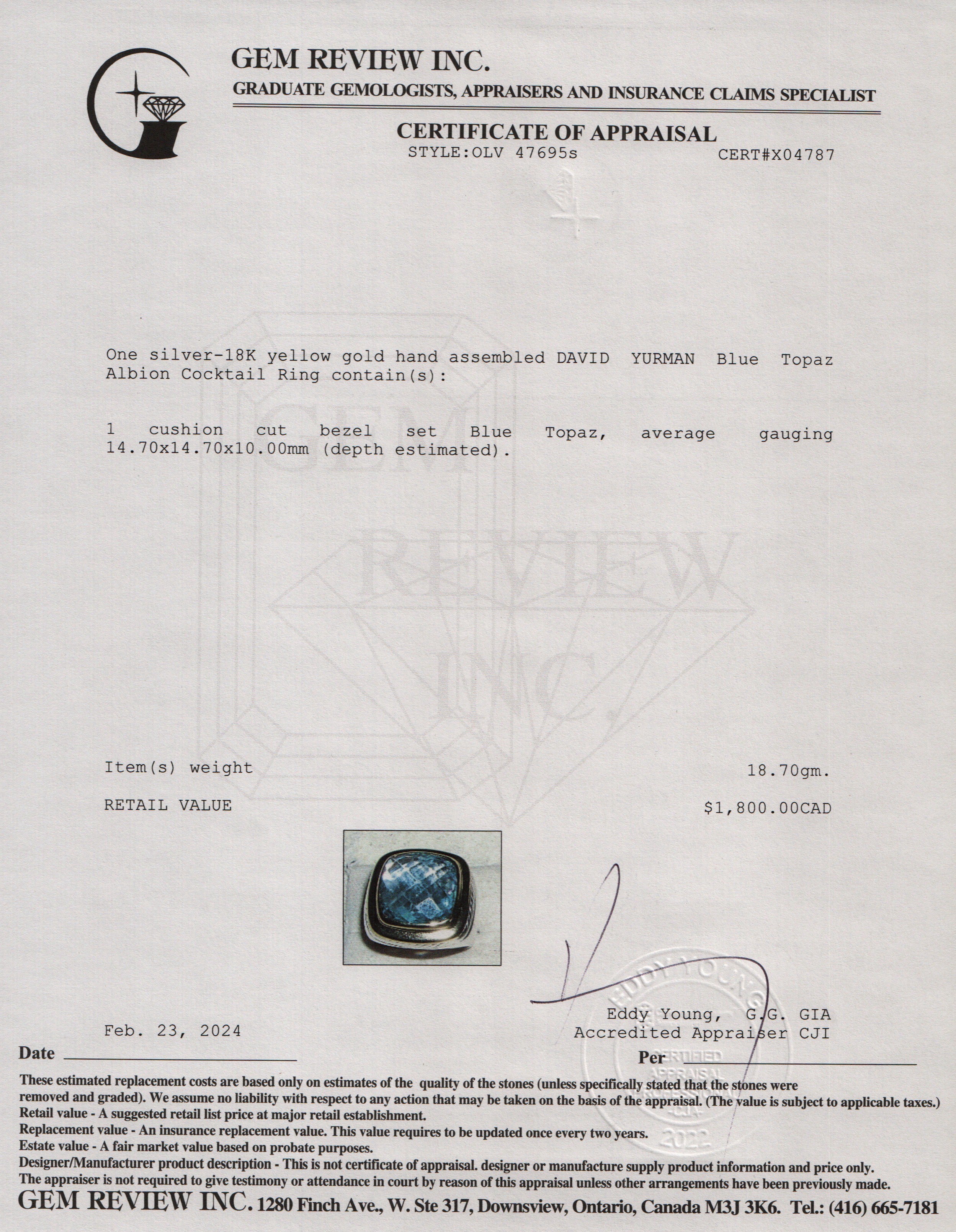 David Yurman Sterling Silver & 18k Yellow Gold Blue Topaz Albion Cocktail Ring, Size 7