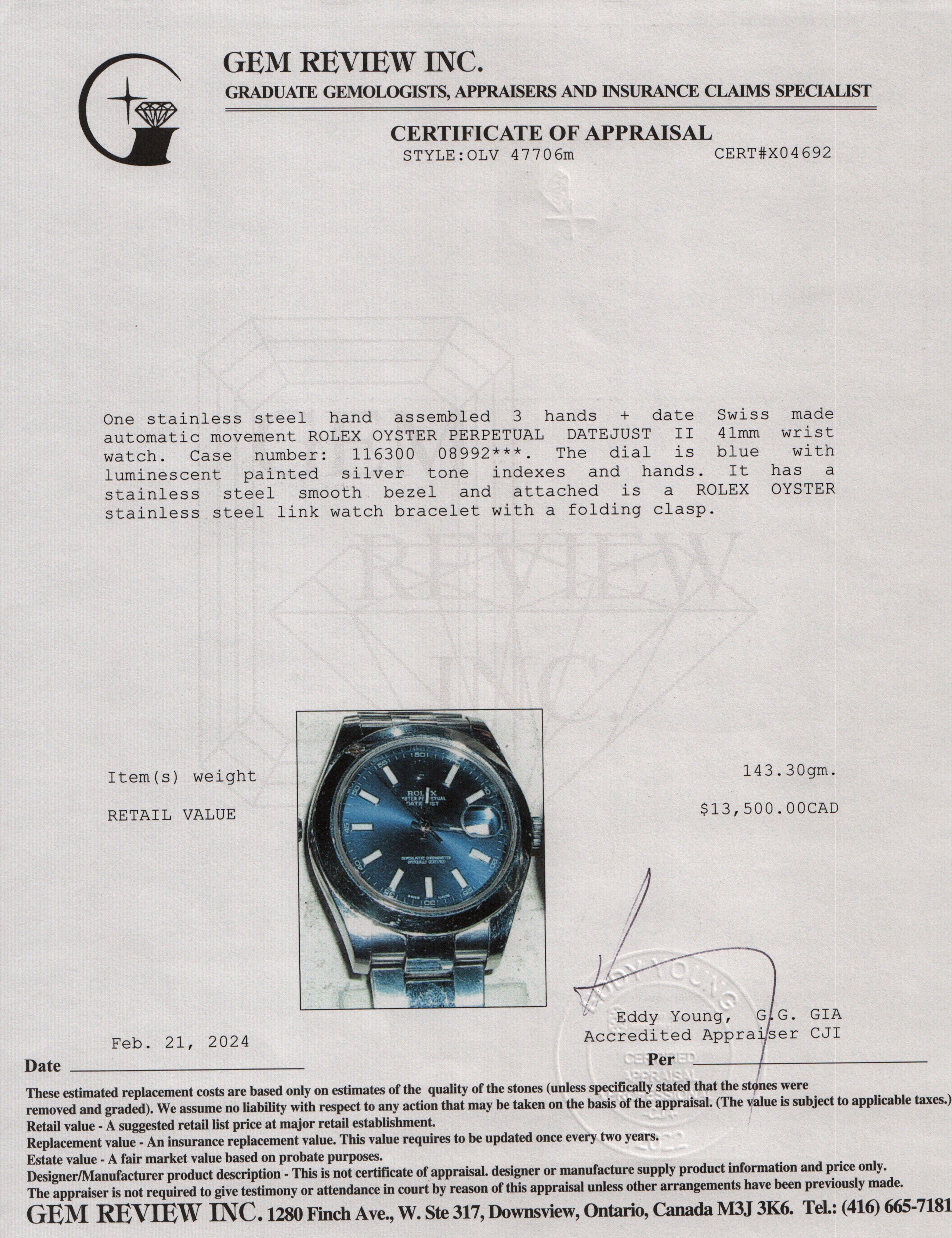 Rolex Stainless Steel Datejust II 41 MM Watch