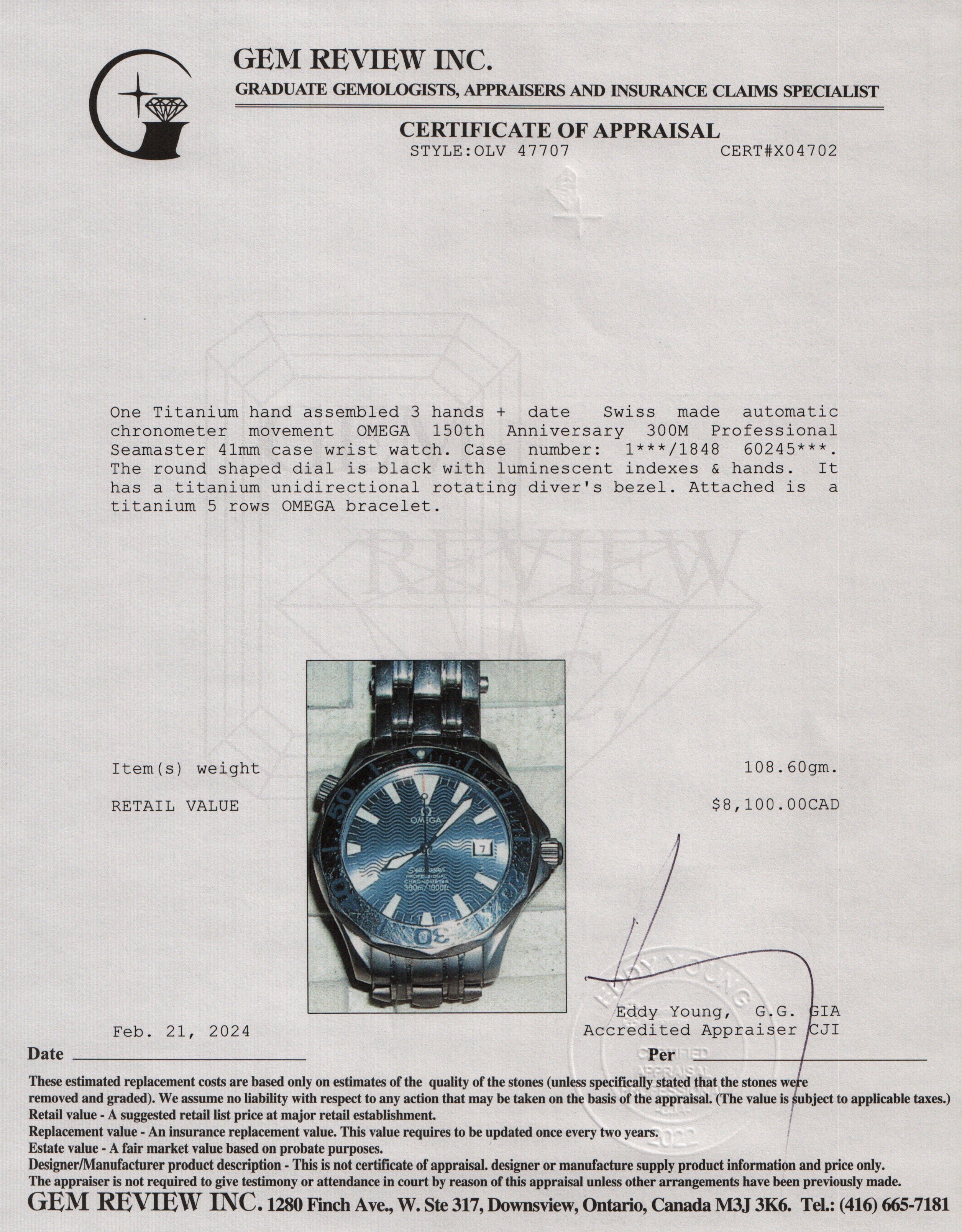 Omega Titanium 150th Anniversary Professional 300M Seamaster 41 MM Automatic Watch