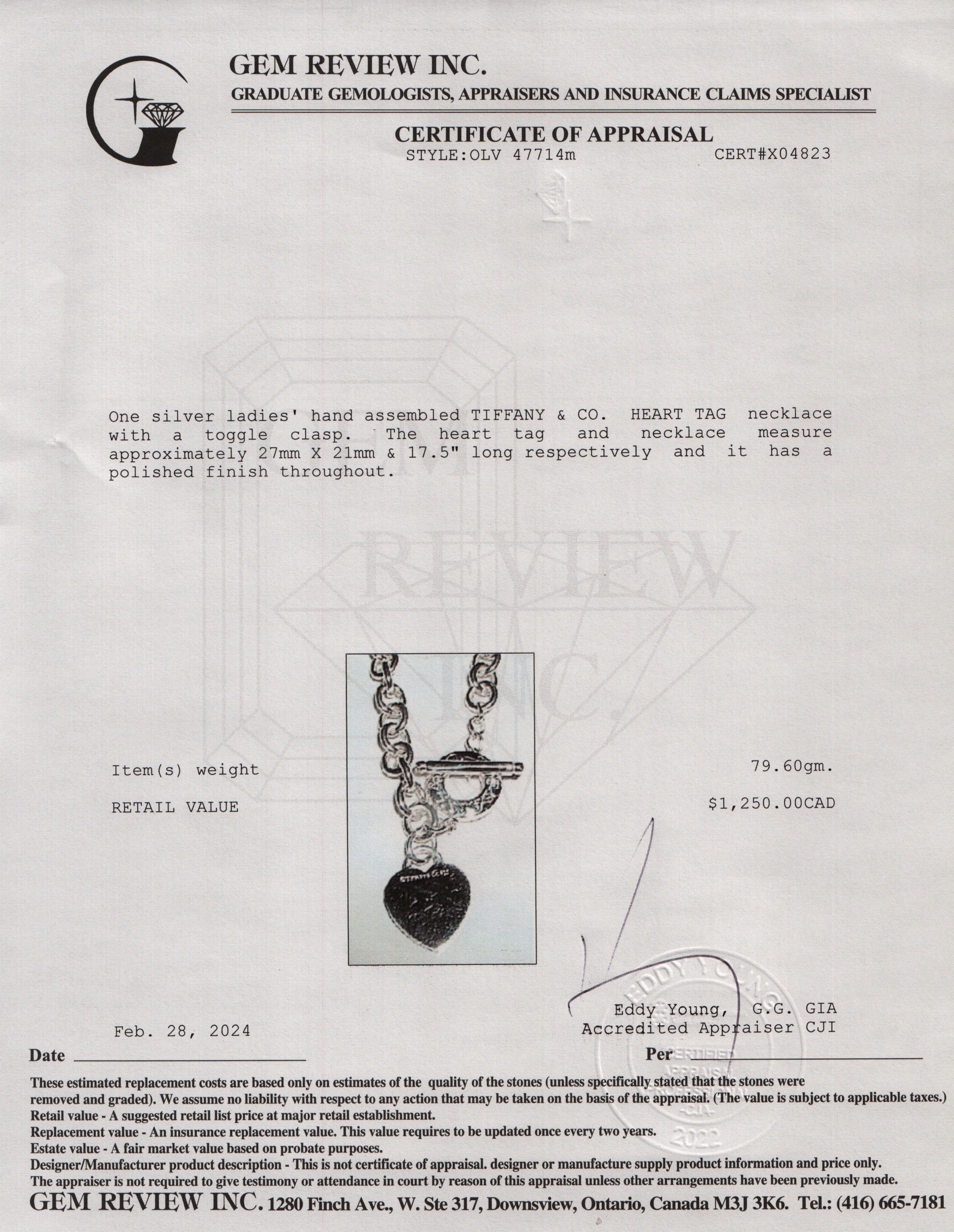 Tiffany & Co. Sterling Silver Heart Tag Necklace with Toggle Clasp