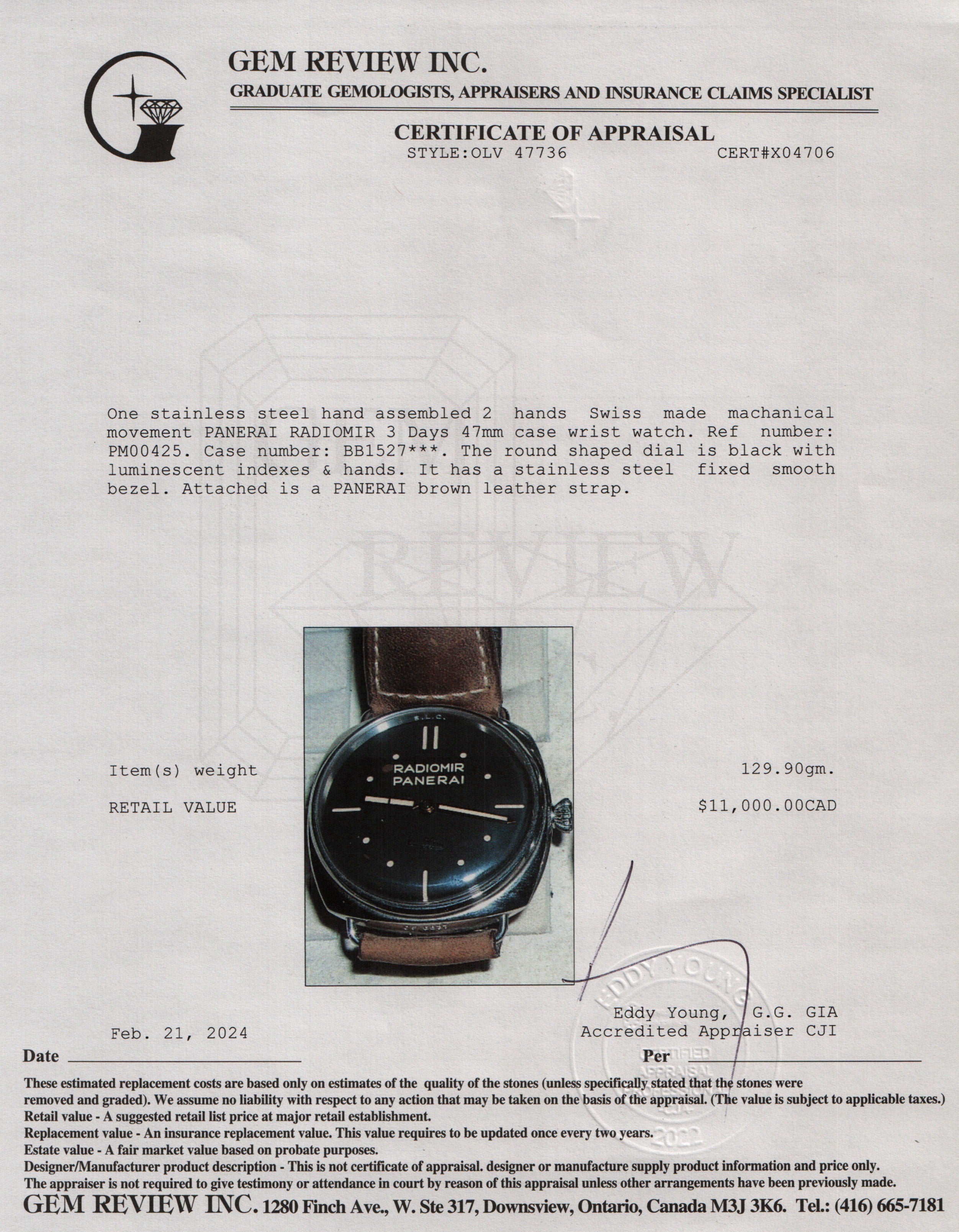 Panerai Stainless Steel Radiomir 3 Days PAM00425 47 MM Watch w/ Box