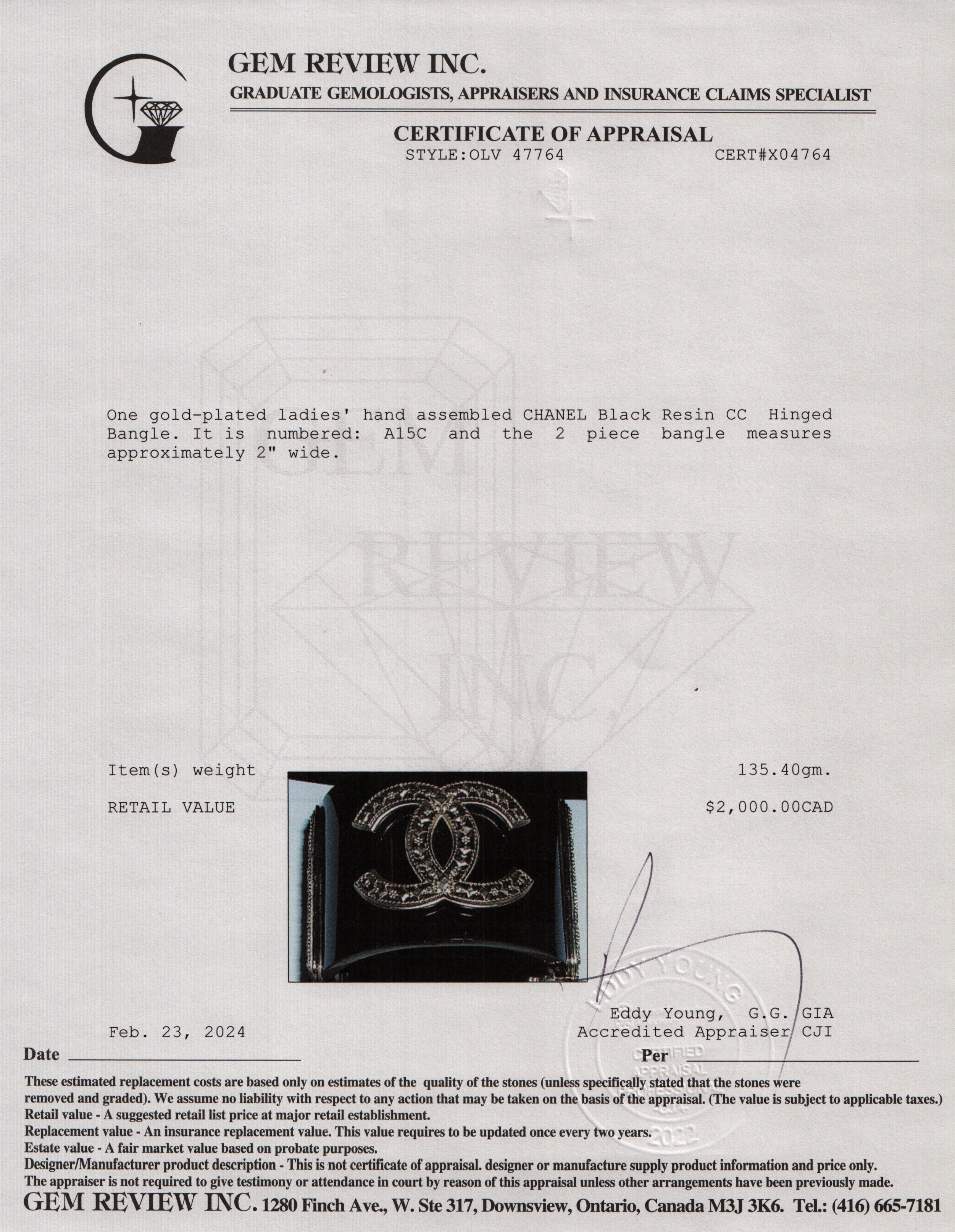 Chanel Gold Plated Black Resin CC Hinged Bangle w/ Box