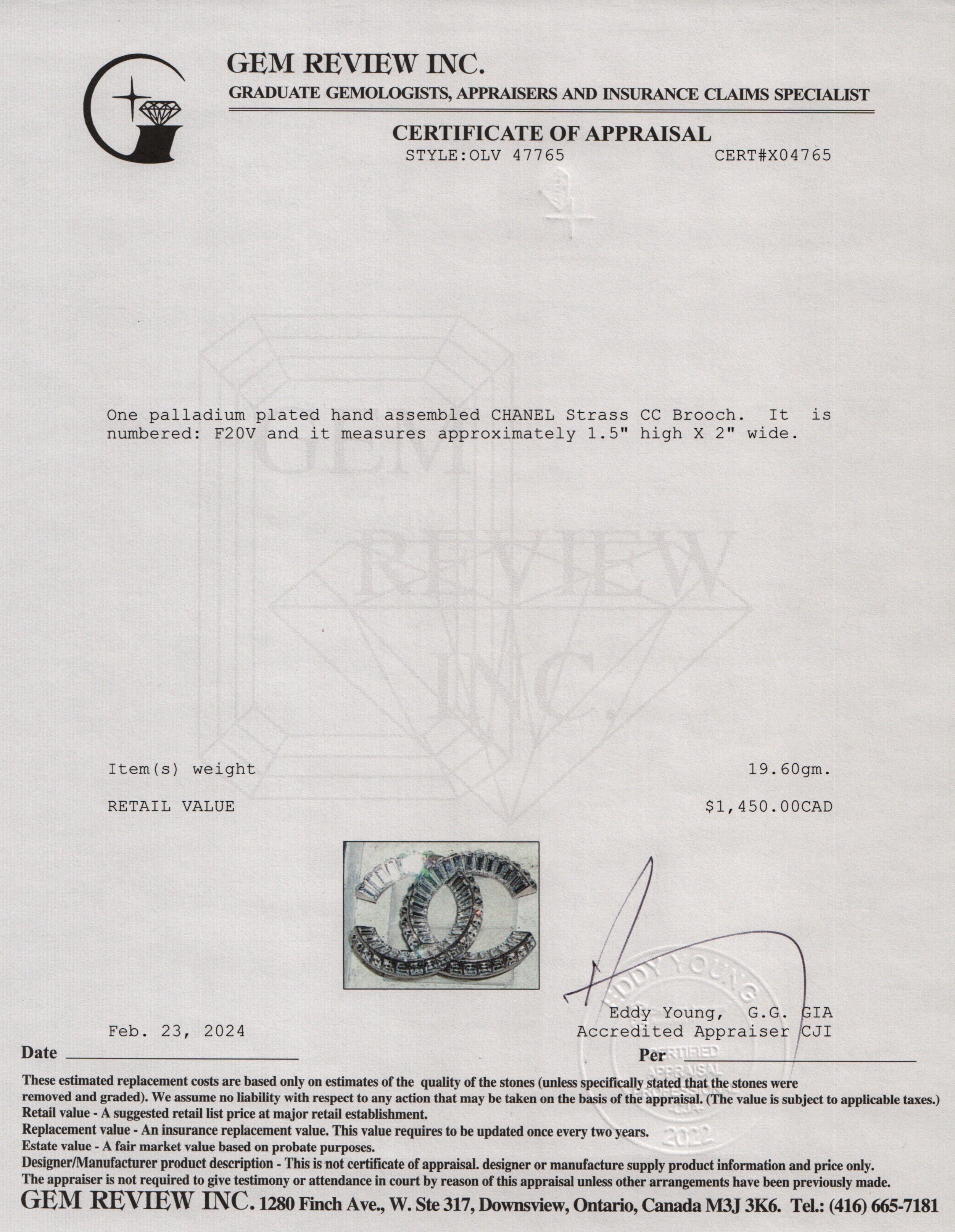 Chanel Palladium Plated Strass CC Brooch