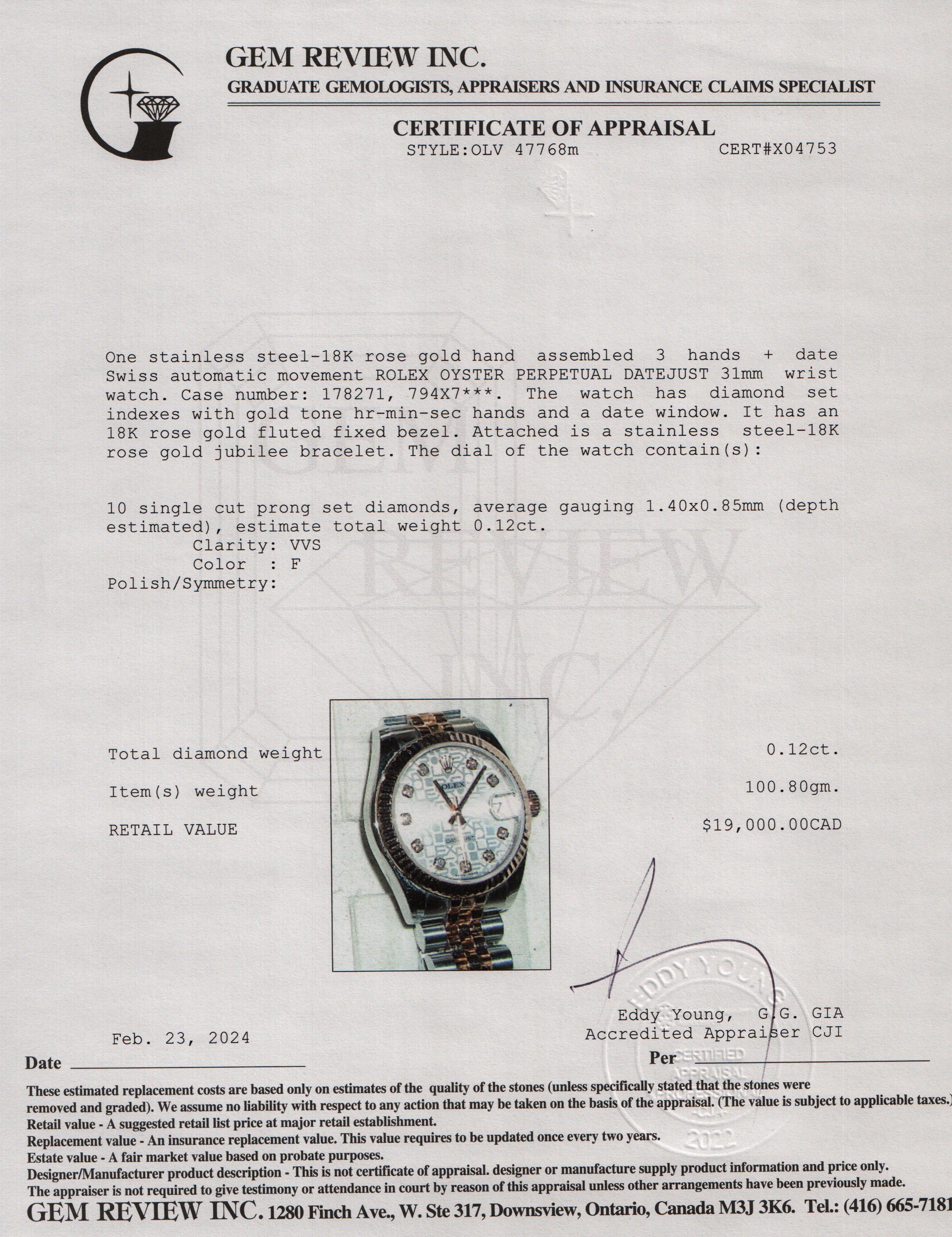 Rolex Stainless Steel & 18k Rose Gold Diamond Dial Datejust 31 MM Watch