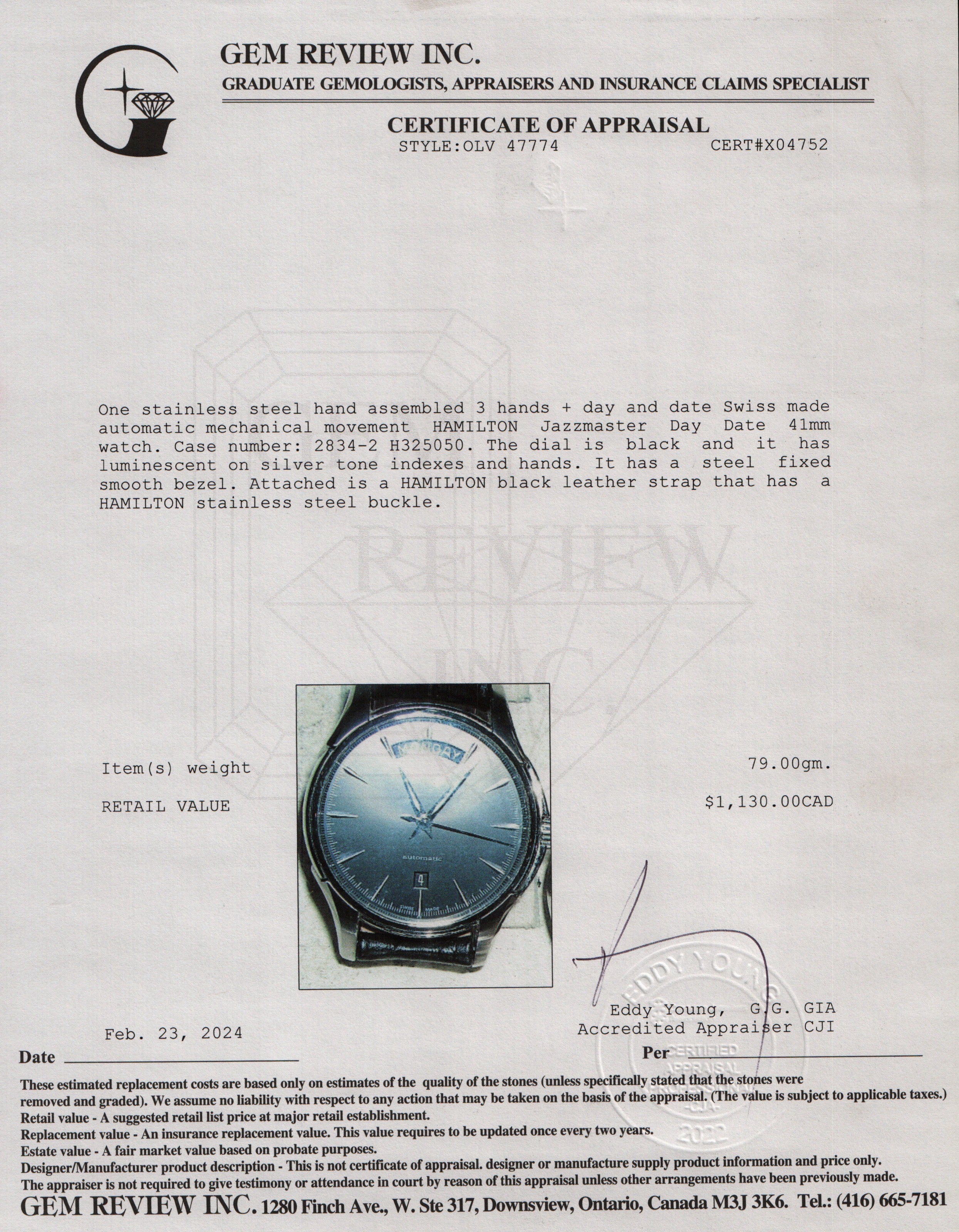 Hamilton Stainless Steel Jazzmaster Day Date 41 MM Automatic Watch w/ Box & Papers