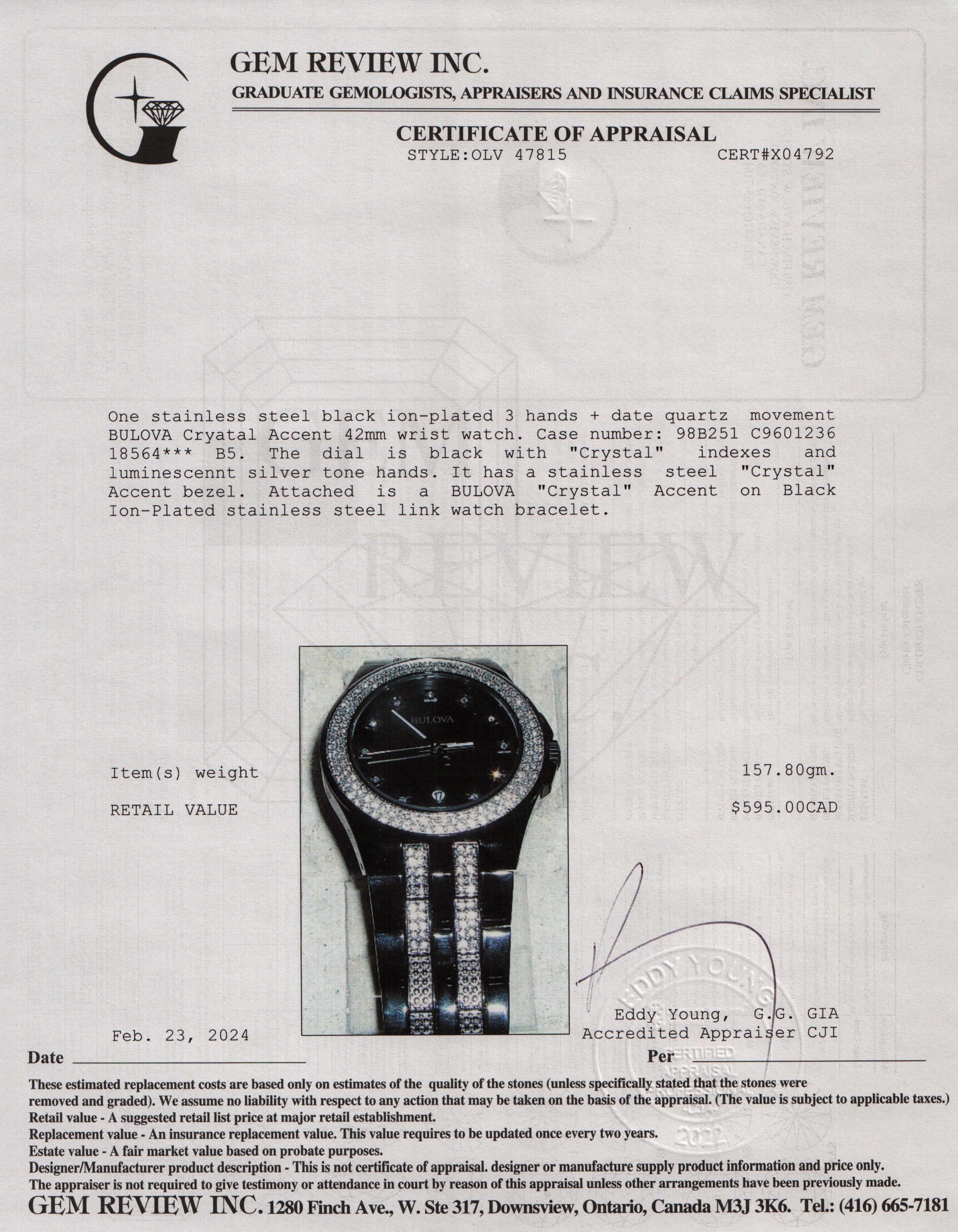 Bulova Black Ion-Plated Stainless Steel Crystal Accent 42 MM Quartz Watch w/ Box