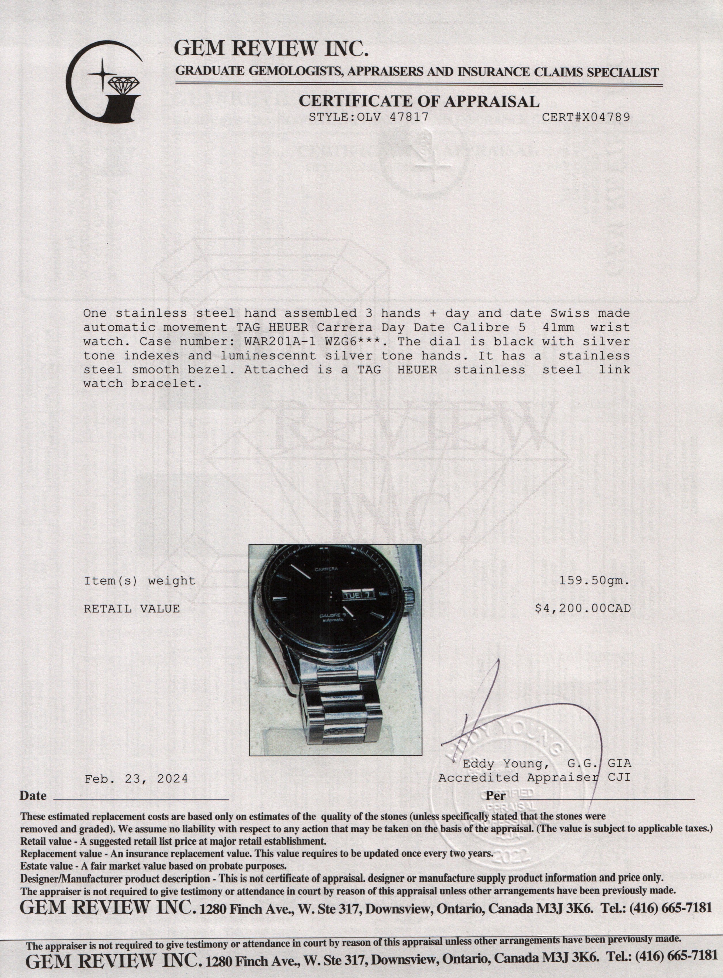 Tag Heuer Stainless Steel Carrera Day Date Calibre 5 41 MM Automatic Watch w/ Box & Papers