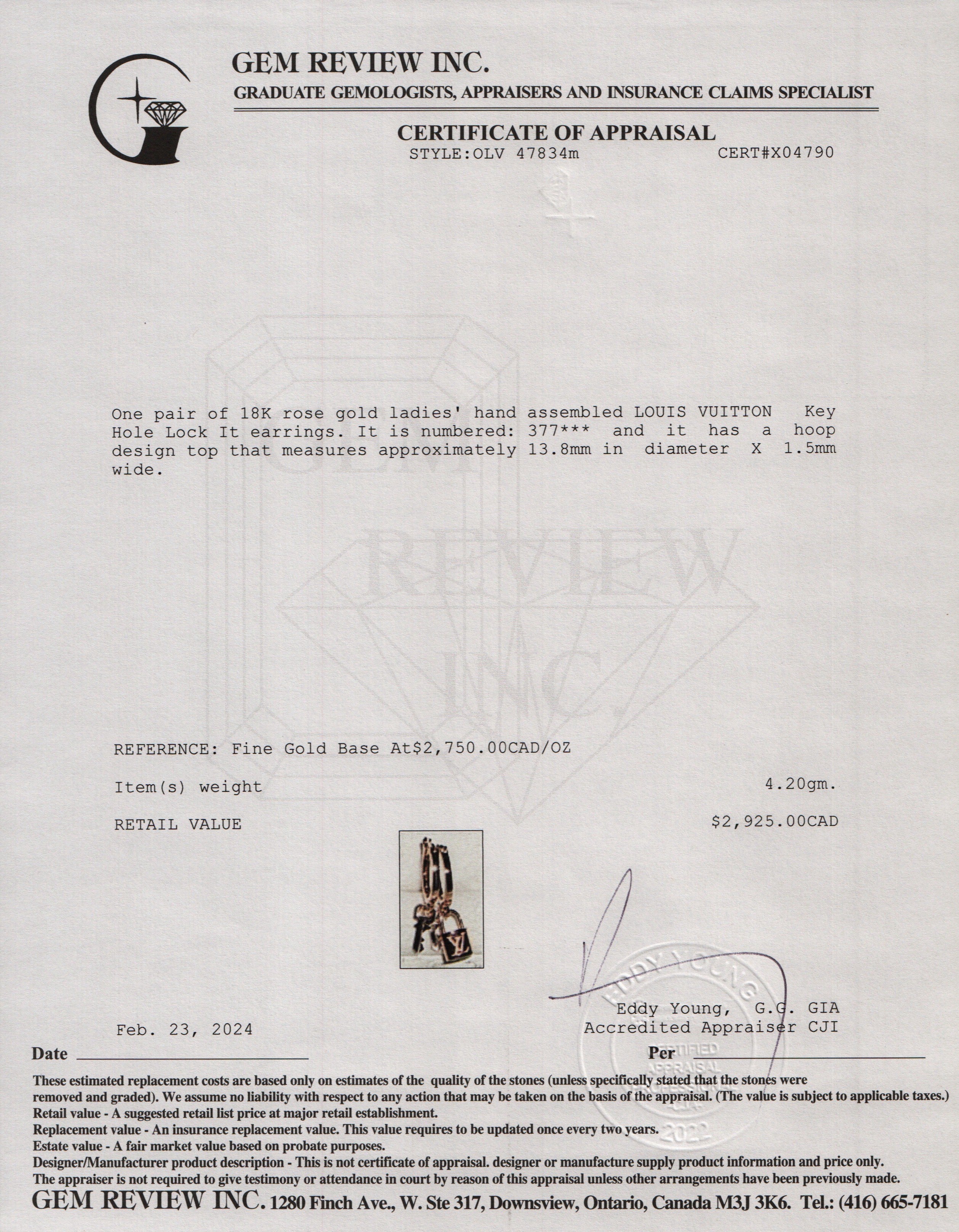 Louis Vuitton 18k Rose Gold Keyhole Lock It Earrings