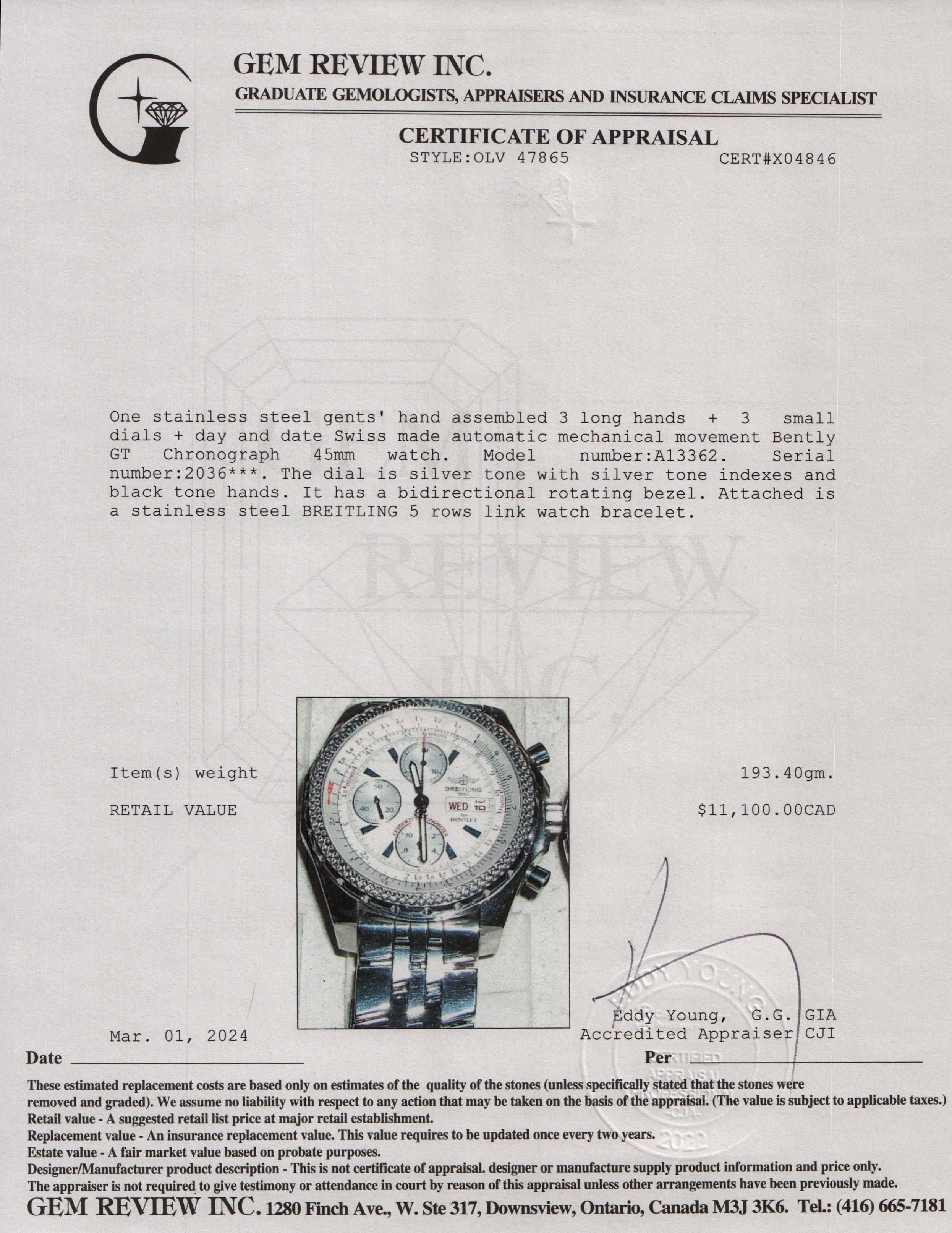 Breitling Stainless Steel Bentley GT 45 MM Automatic Chronograph Watch w/ Box & Papers