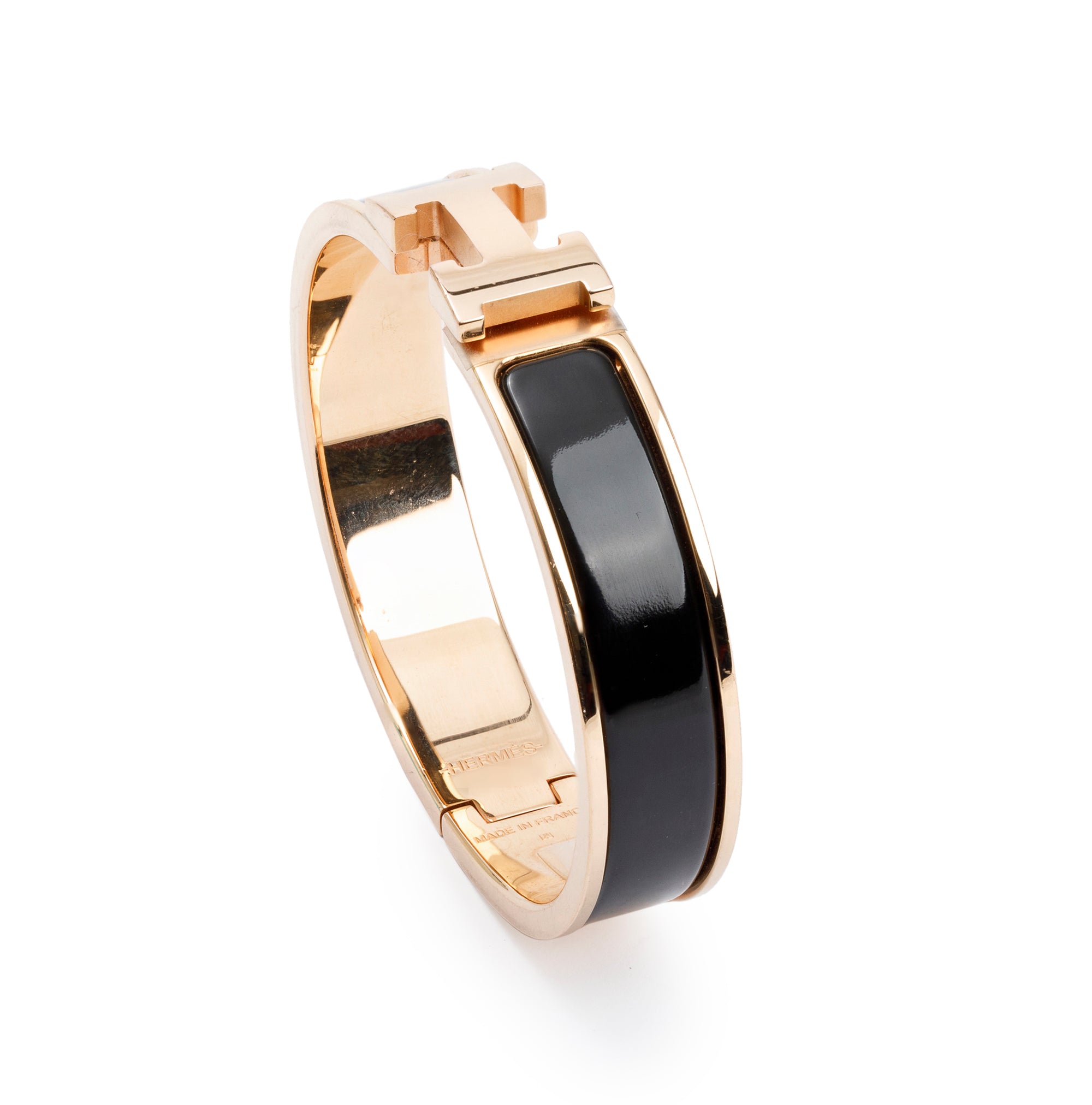 Hermes Rose Gold-Plated Black Enamel 12 MM Clic H Bracelet