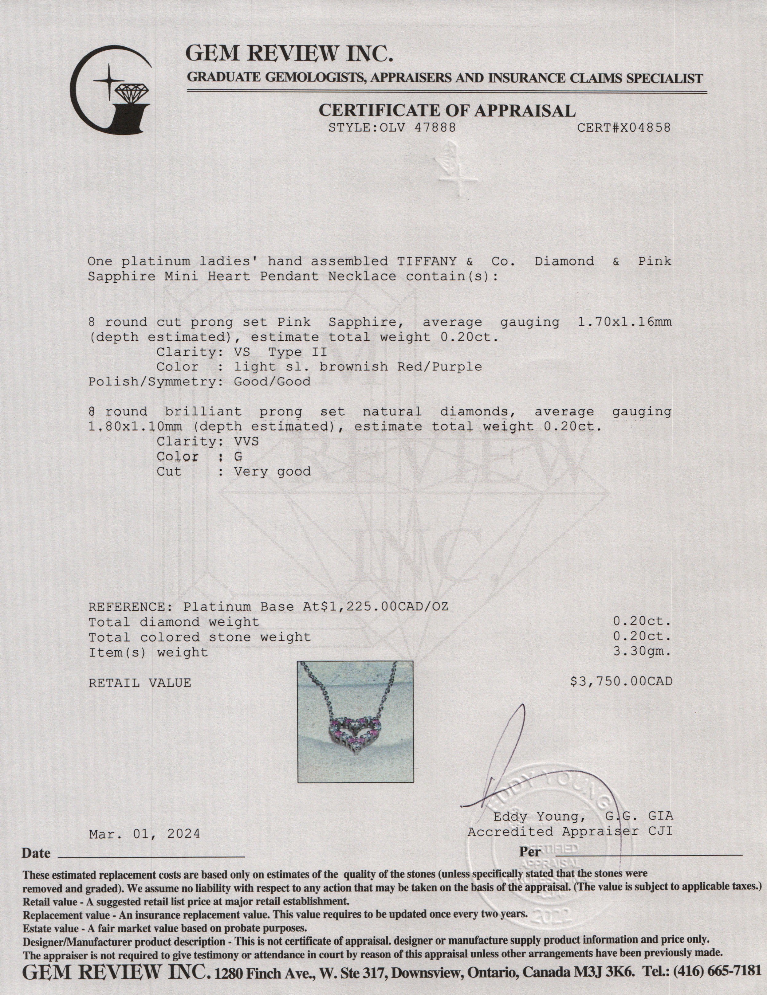 Tiffany & Co. Platinum Diamond & Pink Sapphire Mini Heart Pendant Necklace w/ Box