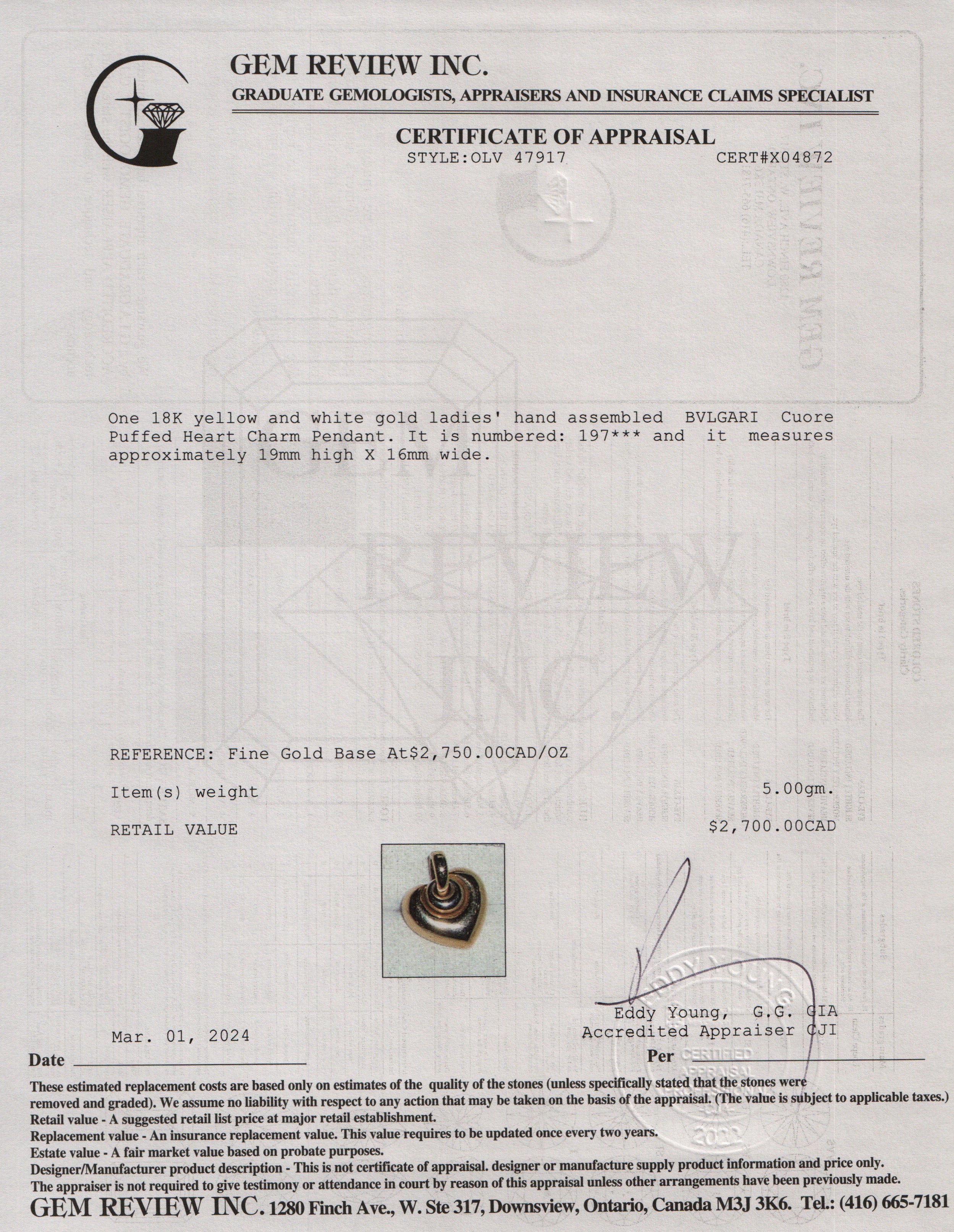 BVLGARI 18k Yellow & Whte Gold Cuore Puffed Heart Charm Pendant w/ Box