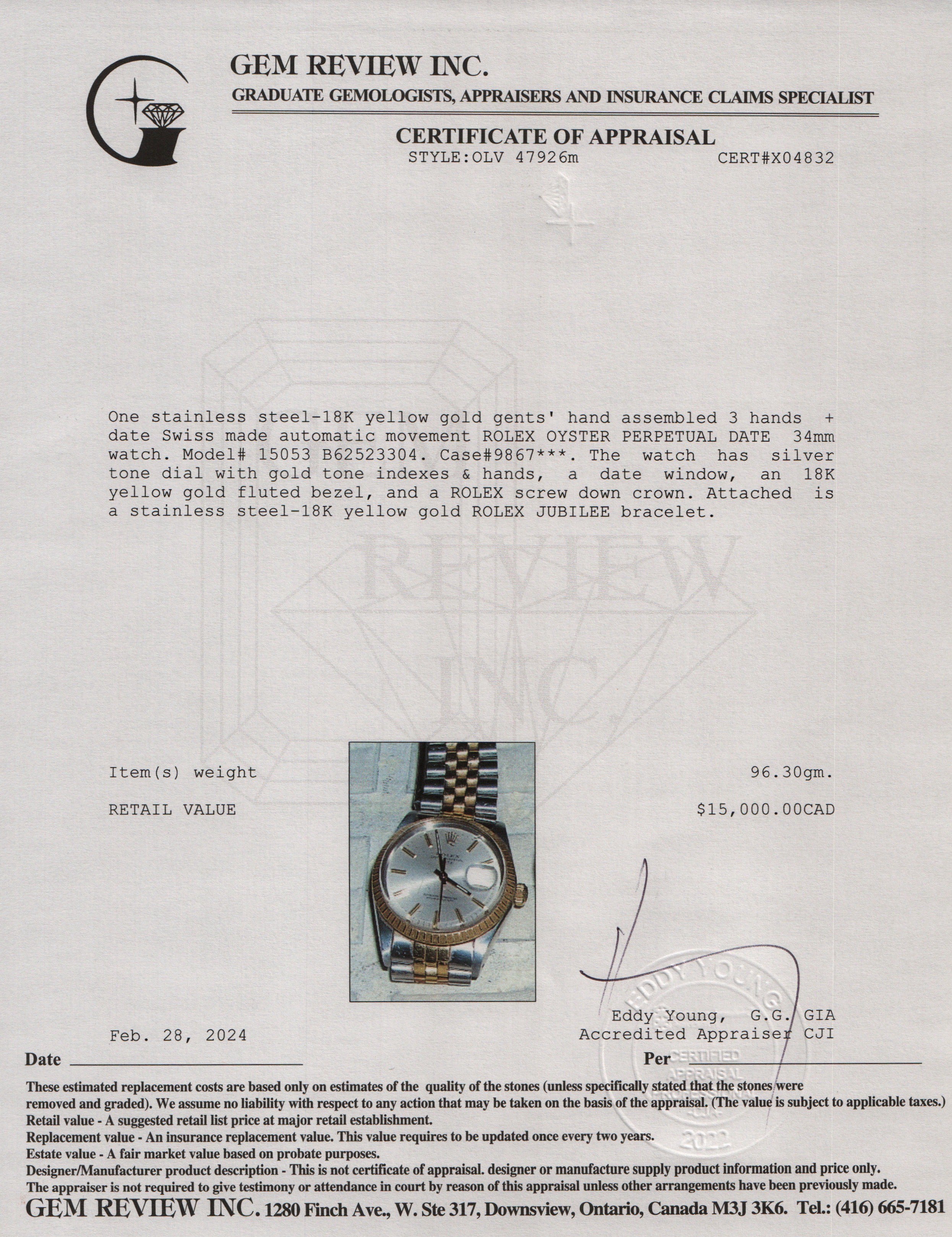 Rolex Stainless Steel & 18k Yellow Gold Date 34 MM Watch w/ Papers