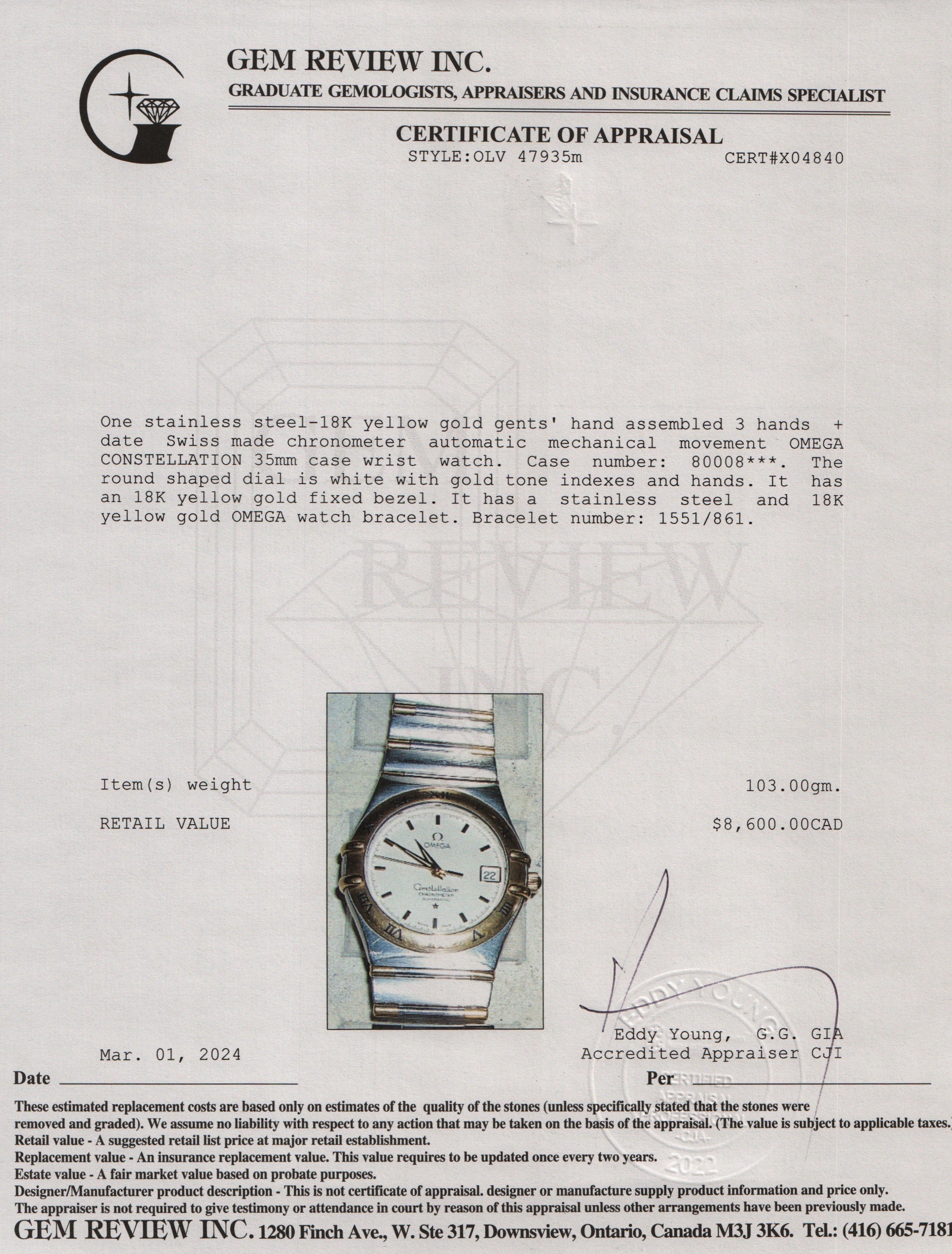 Omega Stainless Steel & 18k Yellow Gold Constellation Chronometer 35 MM Automatic Watch