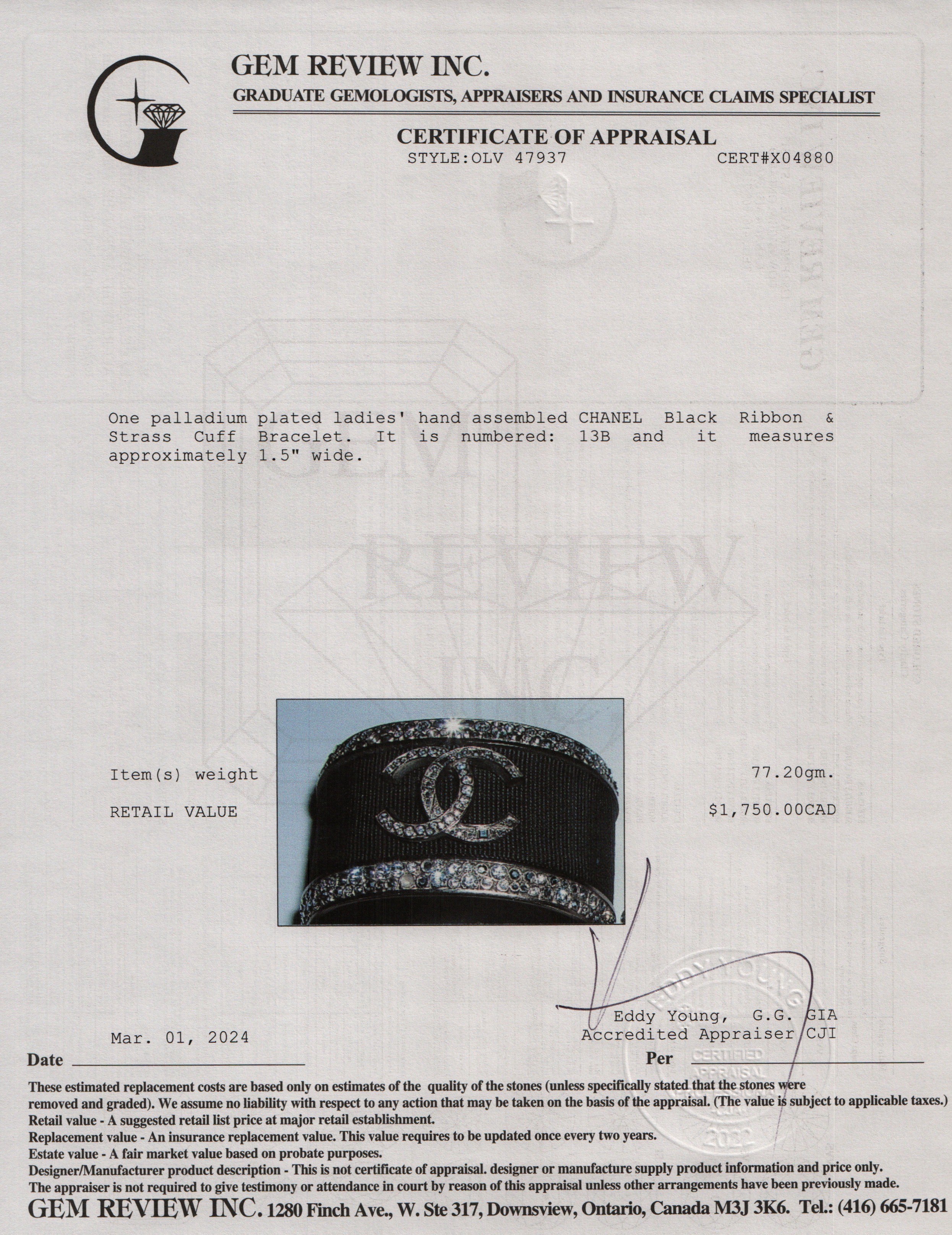 Chanel Palladium Plated Black Ribbon & Strass Cuff Bracelet