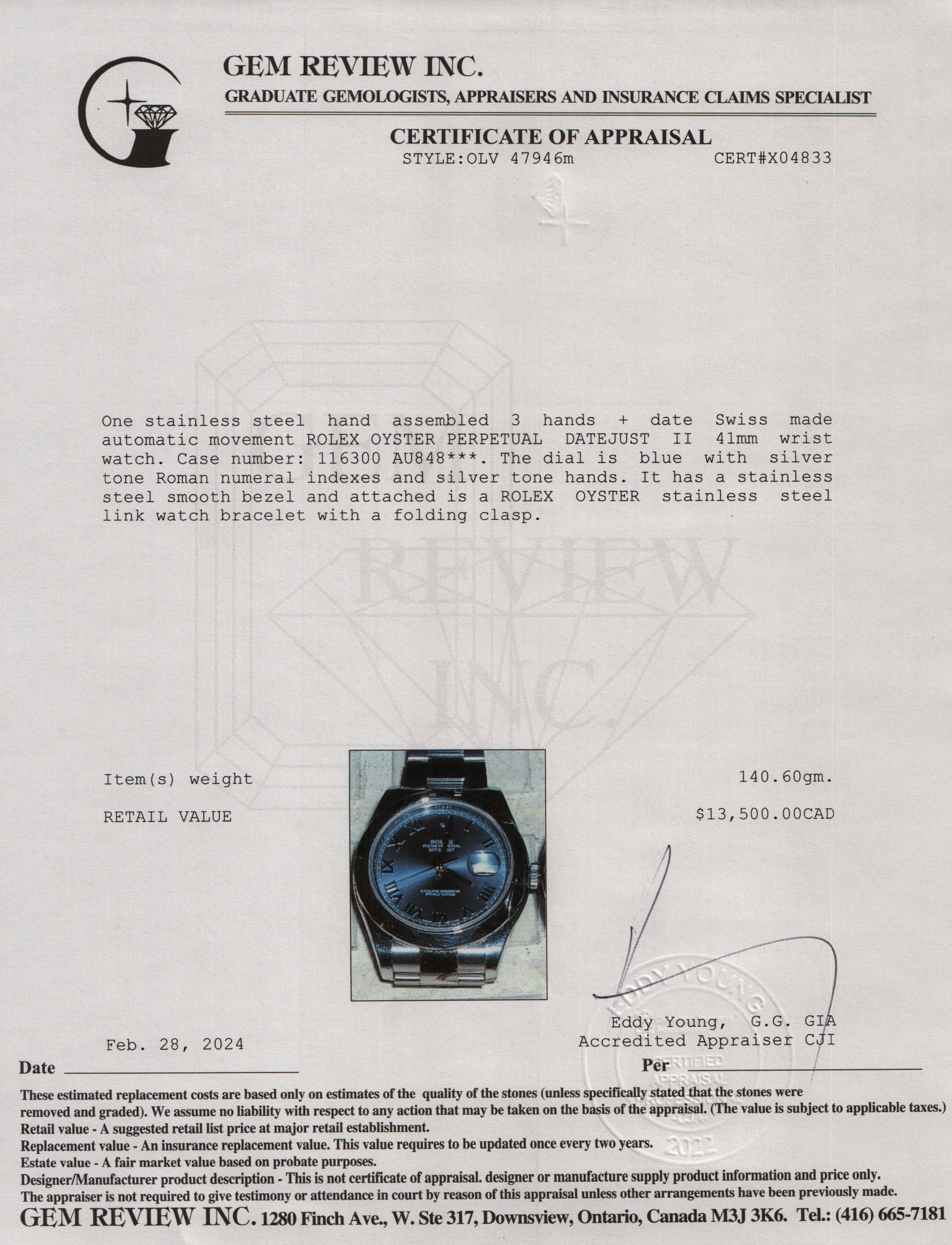 Rolex Stainless Steel Datejust II 41 MM Watch w/ Papers