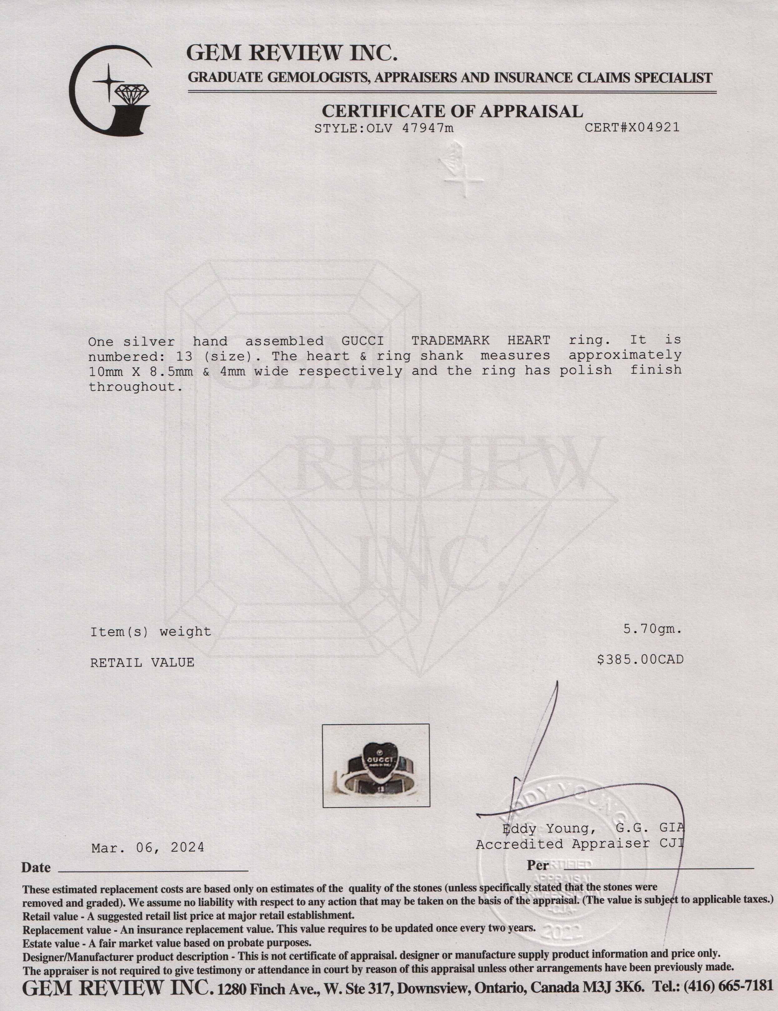 Gucci Sterling Silver Trademark Heart Ring, Size 13 6.5