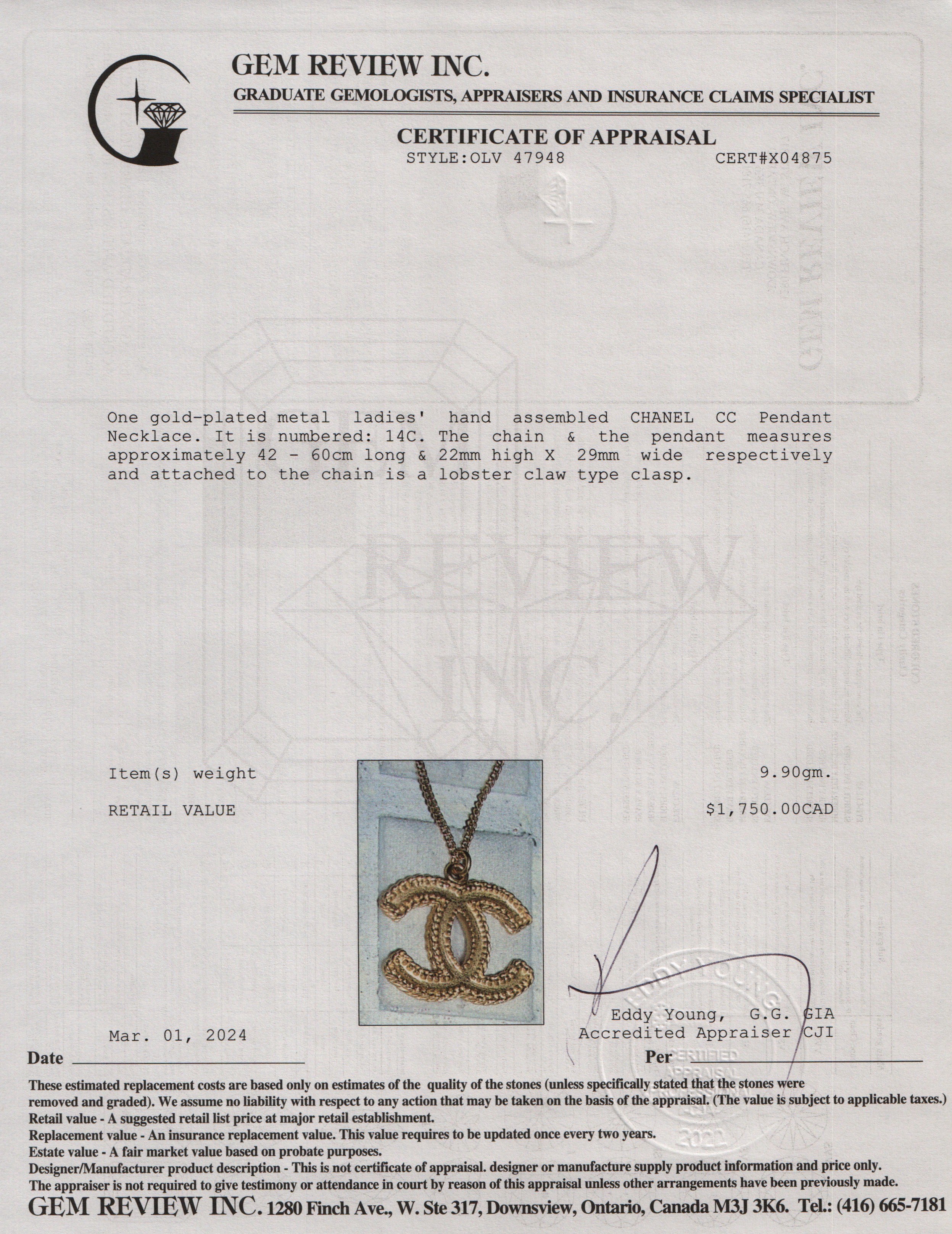 Chanel Gold-Plated Metal CC Pendant Necklace