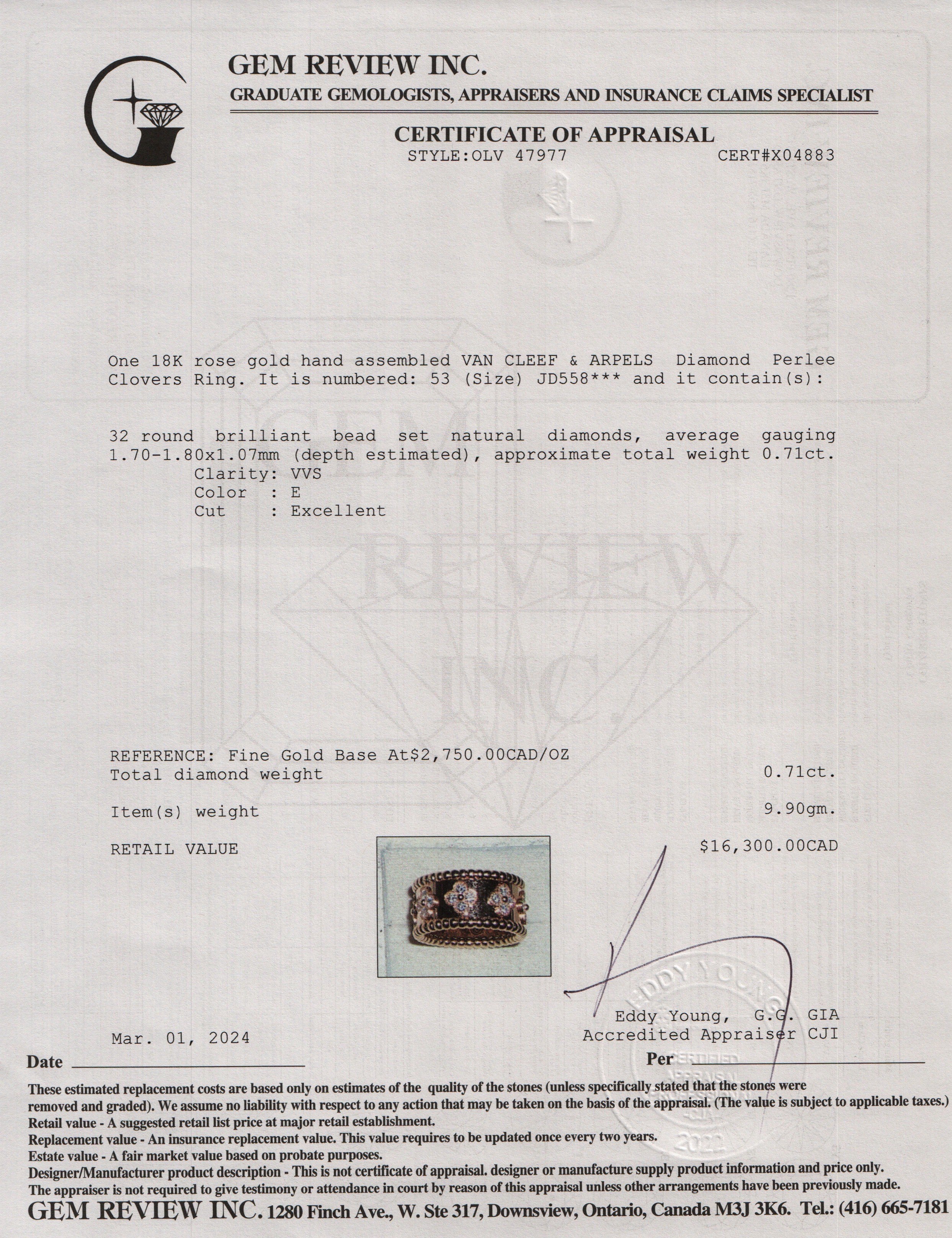 Van Cleef & Arpels 2024 18k Rose Gold Diamond Perlee Clovers Ring, Size 53 6.75