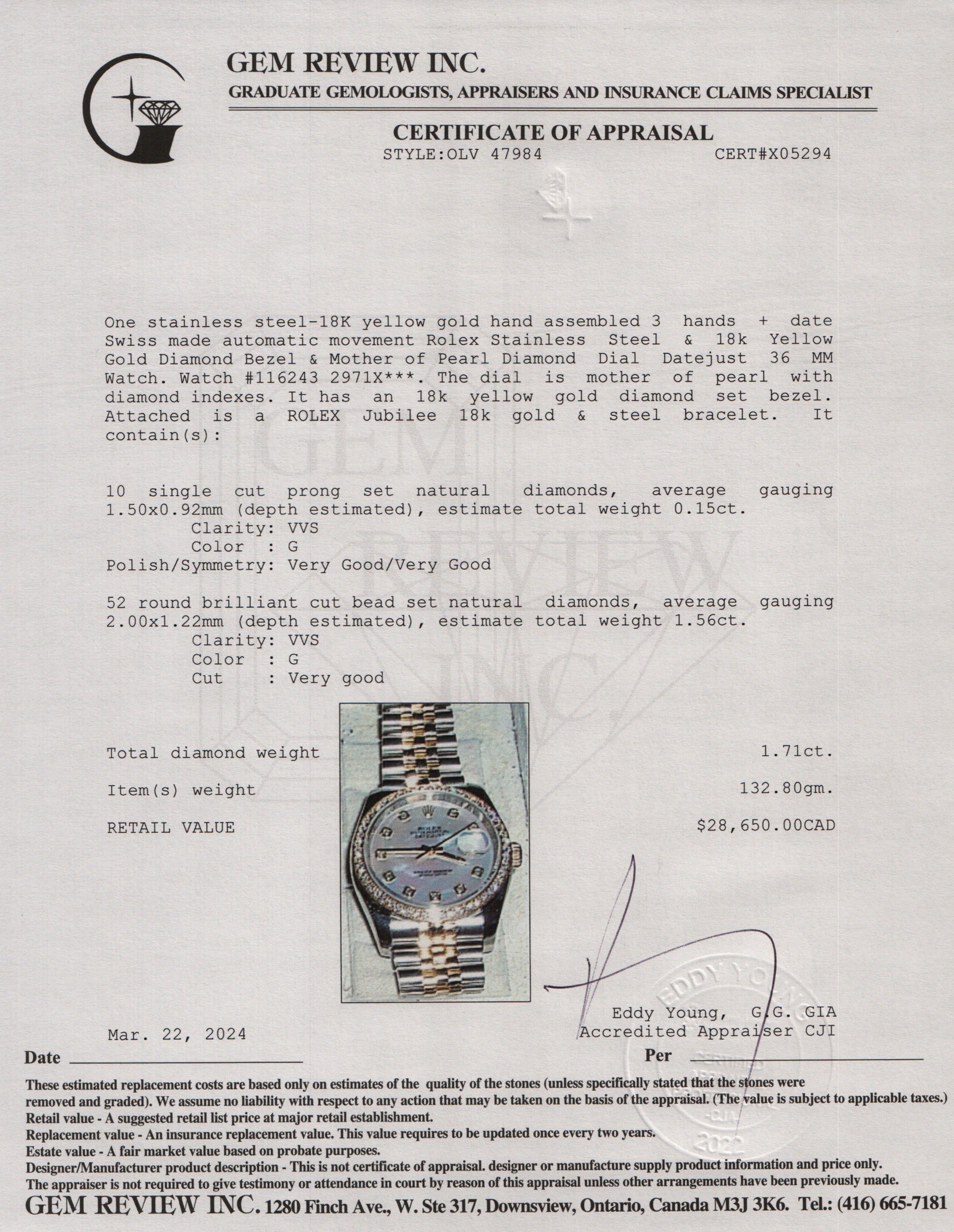 Rolex Stainless Steel & 18k Yellow Gold Diamond Bezel & Mother of Pearl Diamond Dial Datejust 36 MM Watch w/ Box & Papers