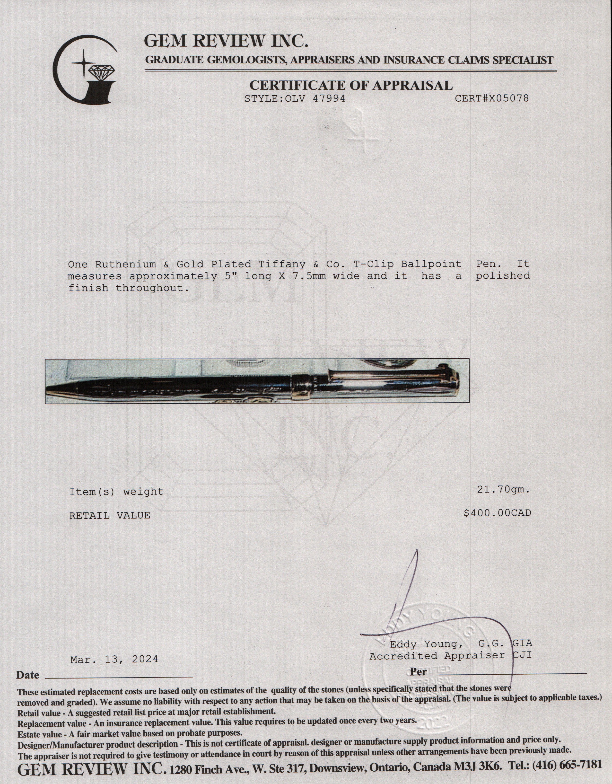 Tiffany & Co. Ruthenium & Gold Plated T-Clip Ballpoint Pen w/ Box