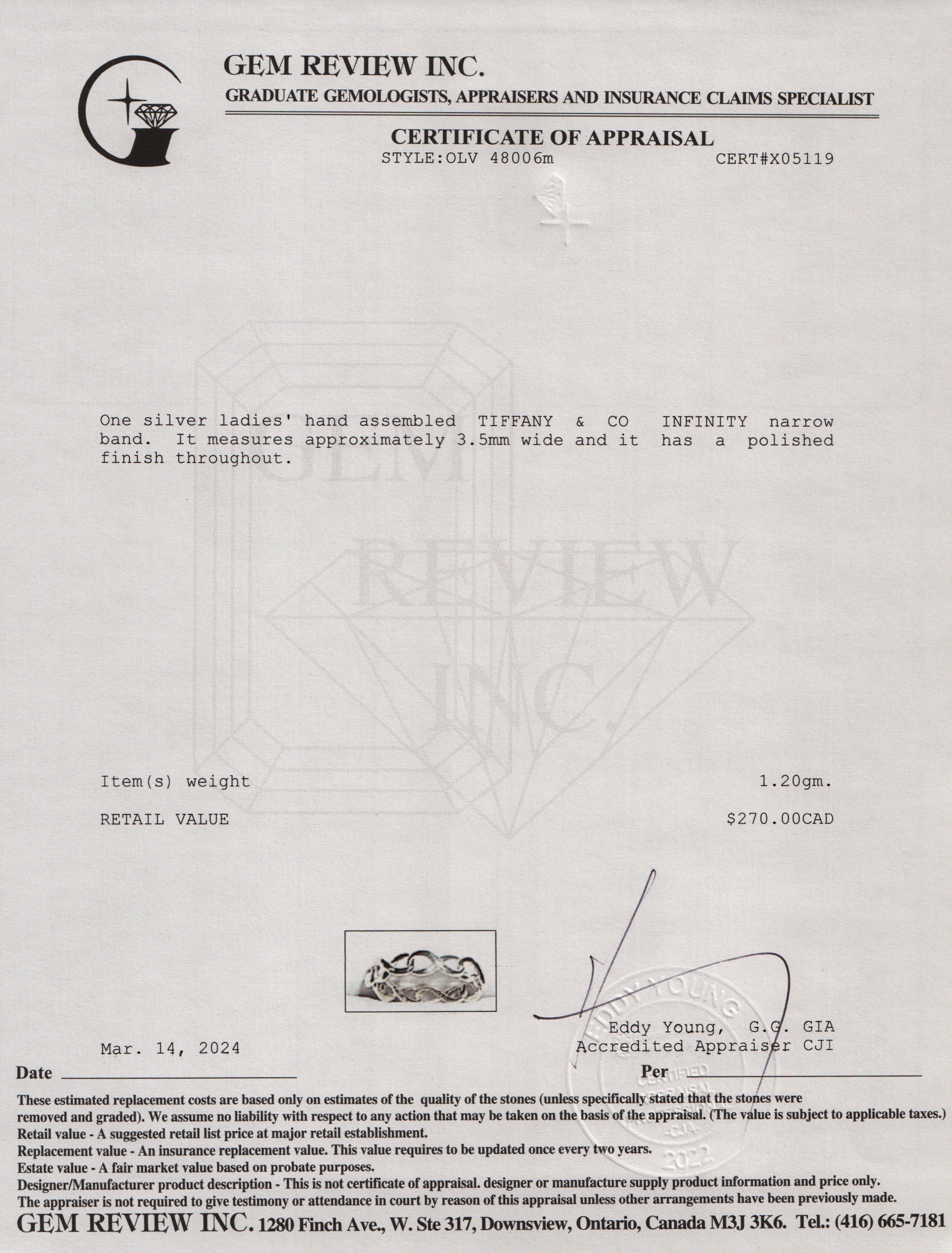 Tiffany & Co. Sterling Silver Narrow Infinity Band Ring, Size 5