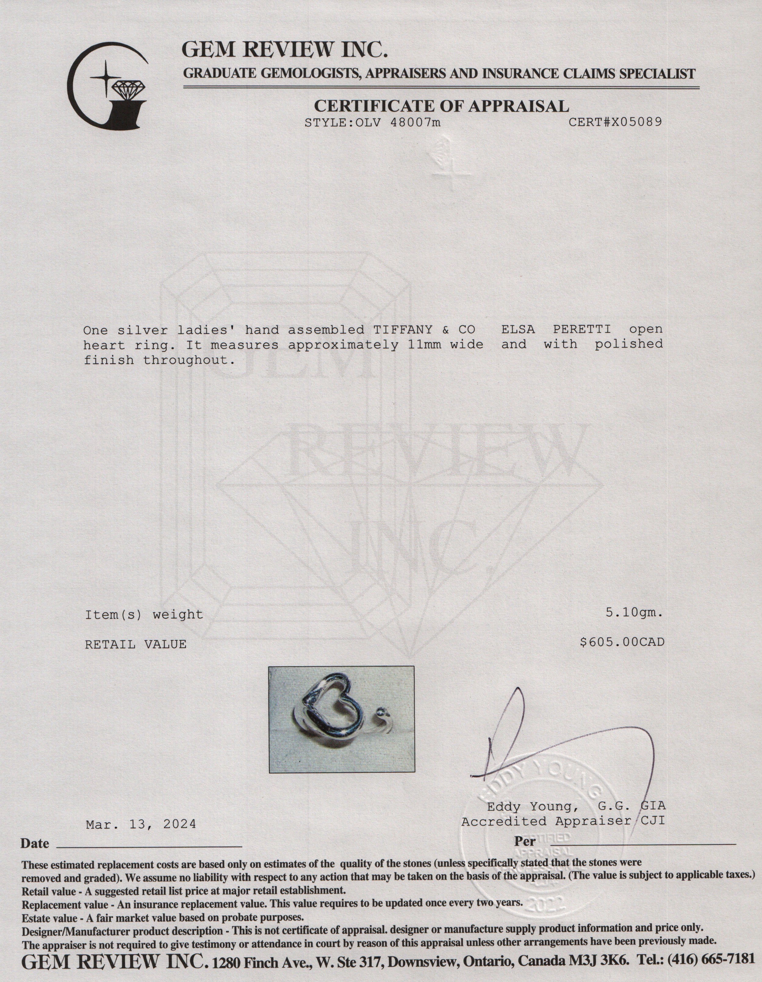 Tiffany & Co. Elsa Peretti Sterling Silver Open Heart Ring, Size 5