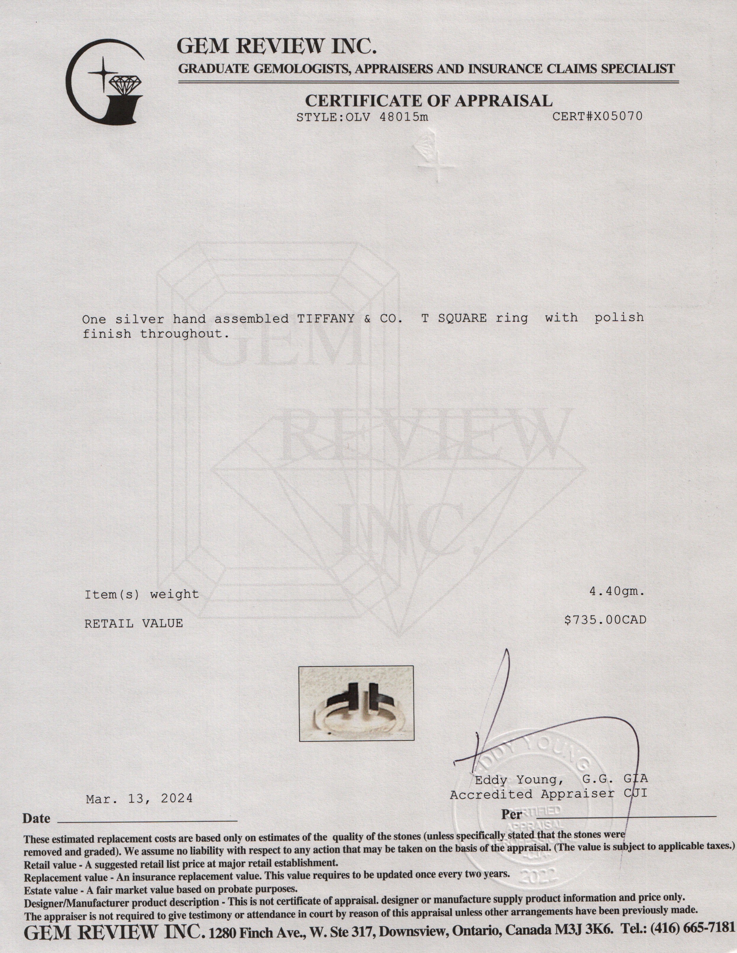 Tiffany & Co. Sterling Silver T Square Ring, Size 6