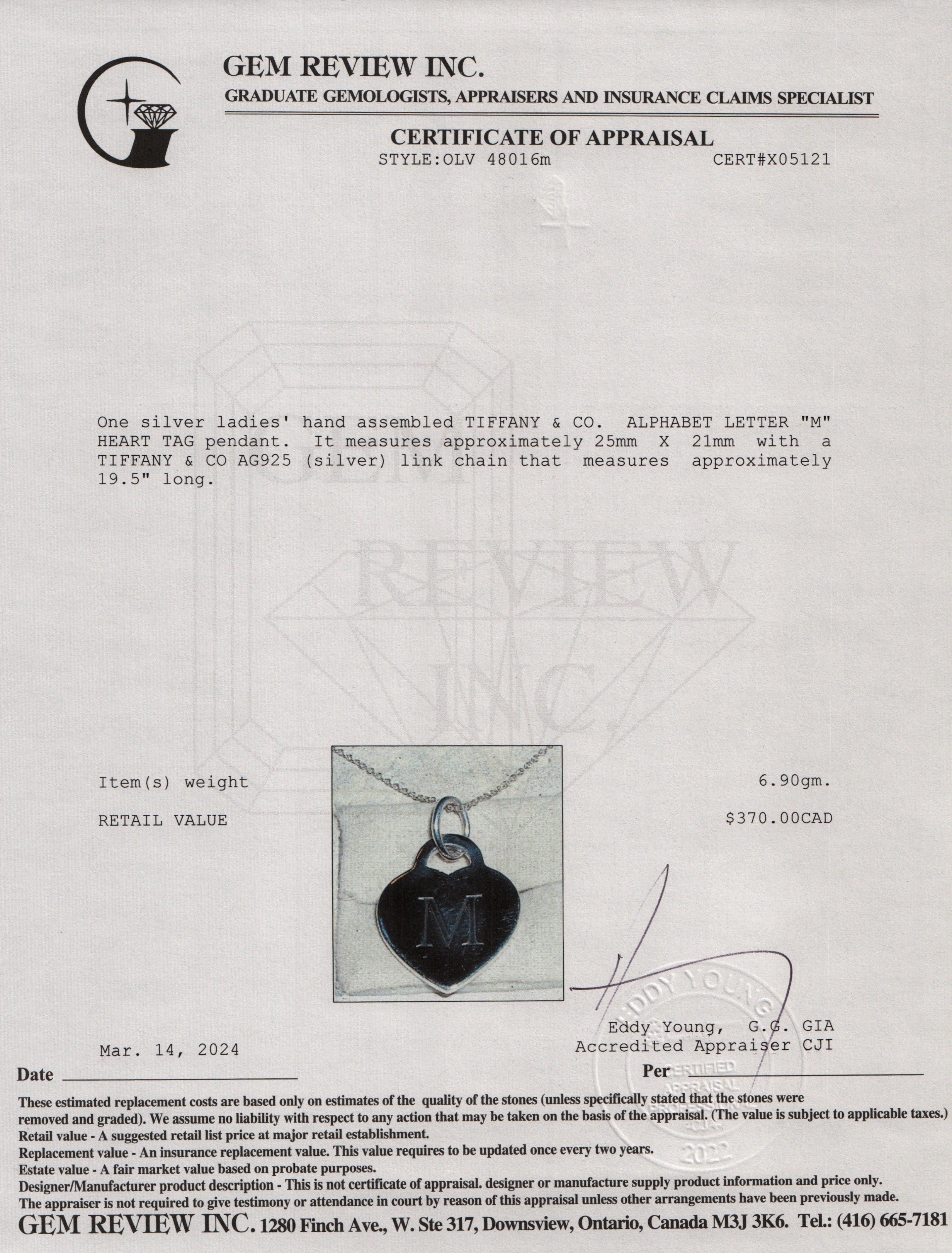 Tiffany & Co. Sterling Silver Alphabet Letter 'M' Medium Heart Tag Pendant Necklace