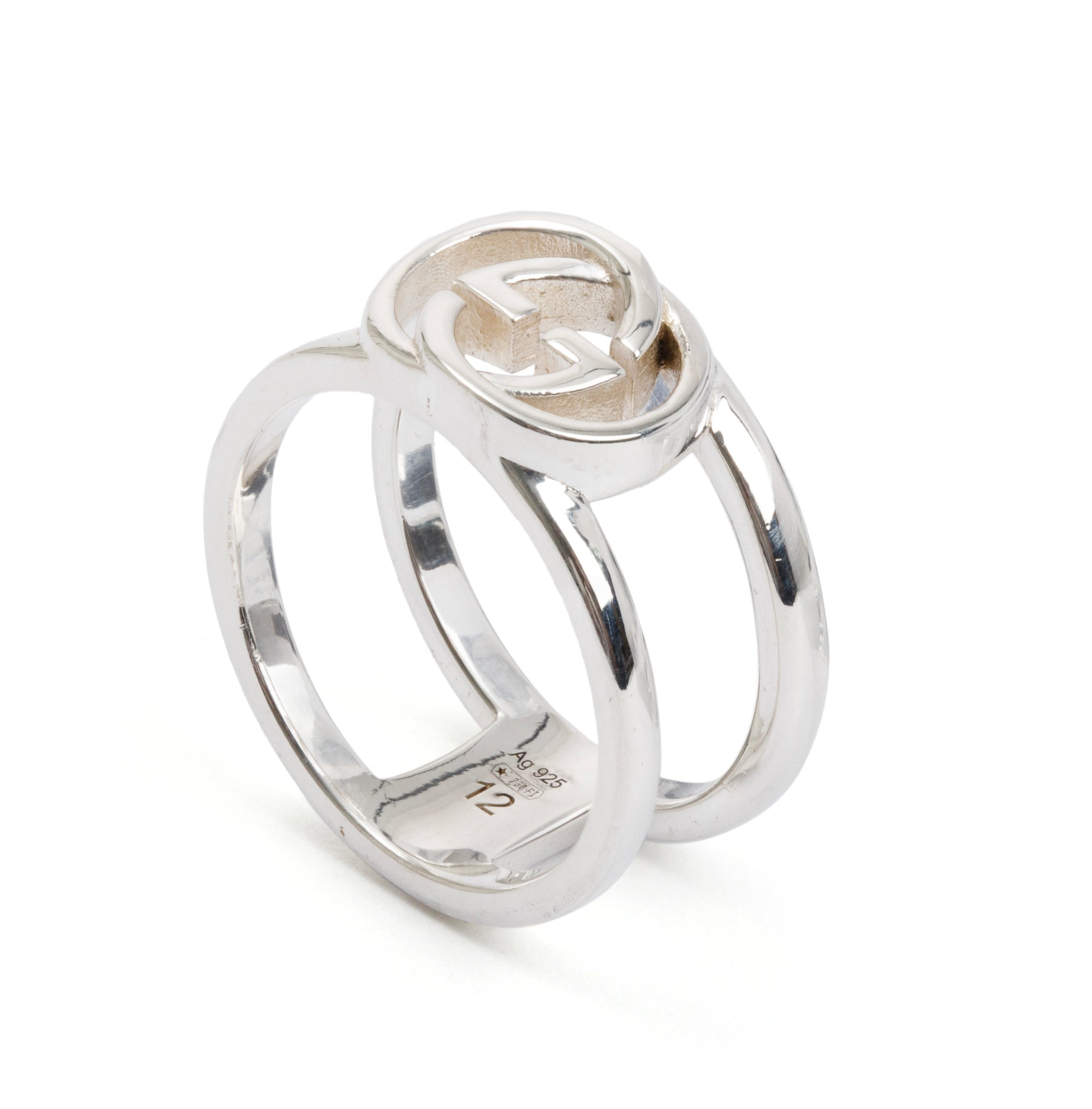 Gucci Sterling Silver Interlocking Wide Open Band Ring, Size 12 6 w/ Box