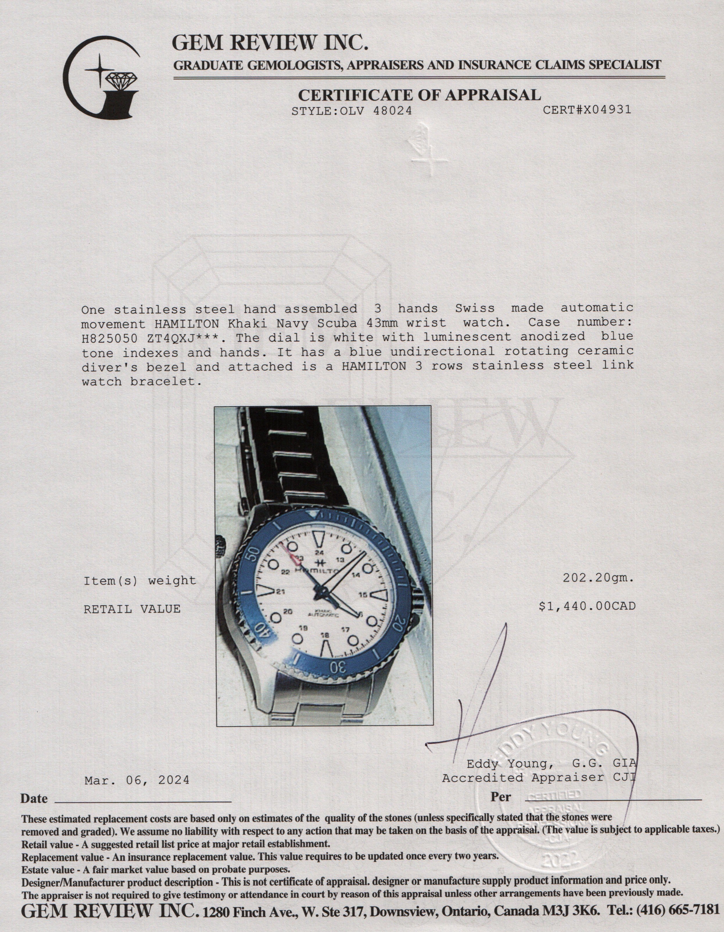 Hamilton Stainless Steel Khaki Navy Scuba 43 MM Automatic Watch w/ Box, Papers & Extra Strap