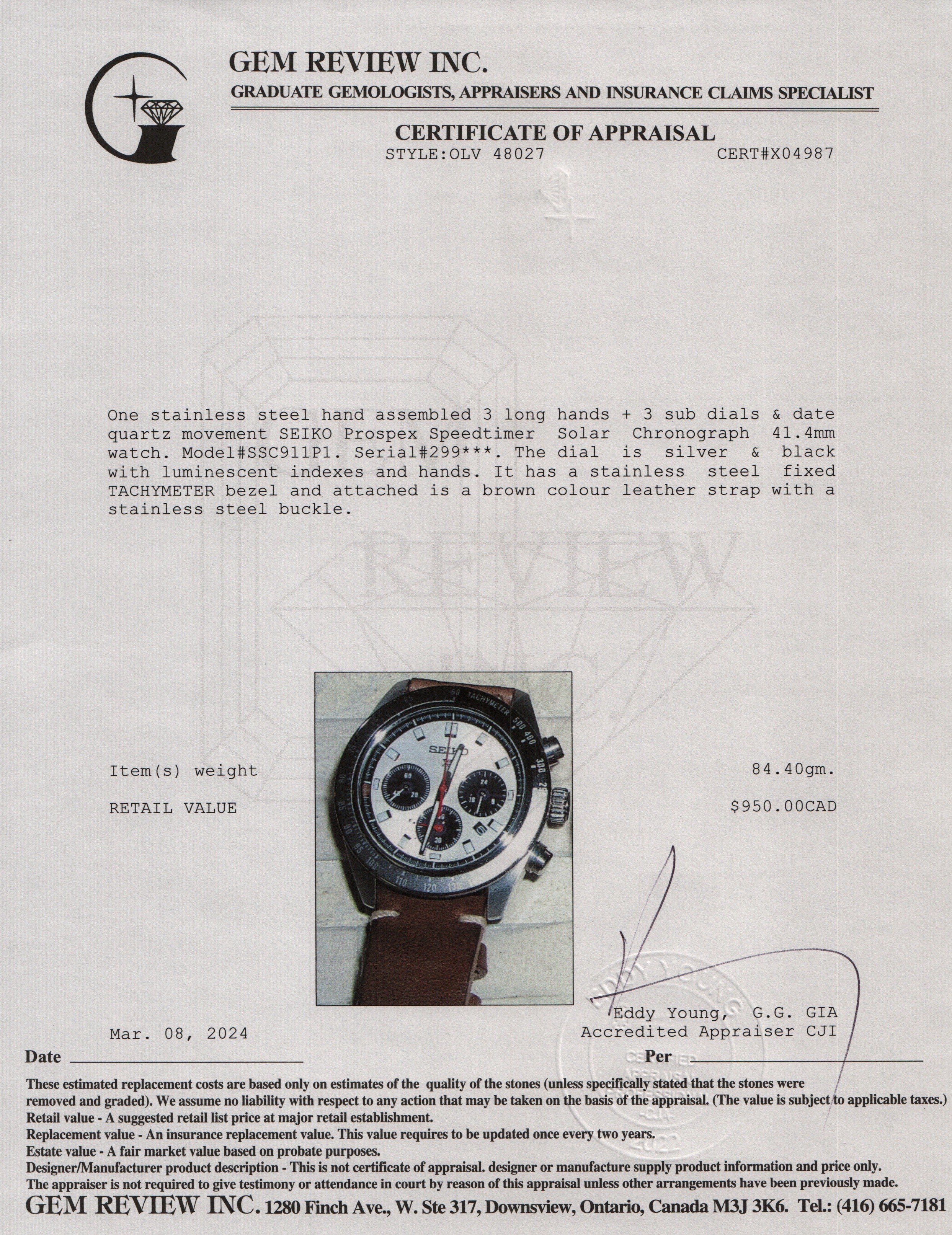 Seiko Stainless Steel Prospex Speedtimer 41.4 MM Solar Chronograph Watch w/ Box, Papers & Extra Strap