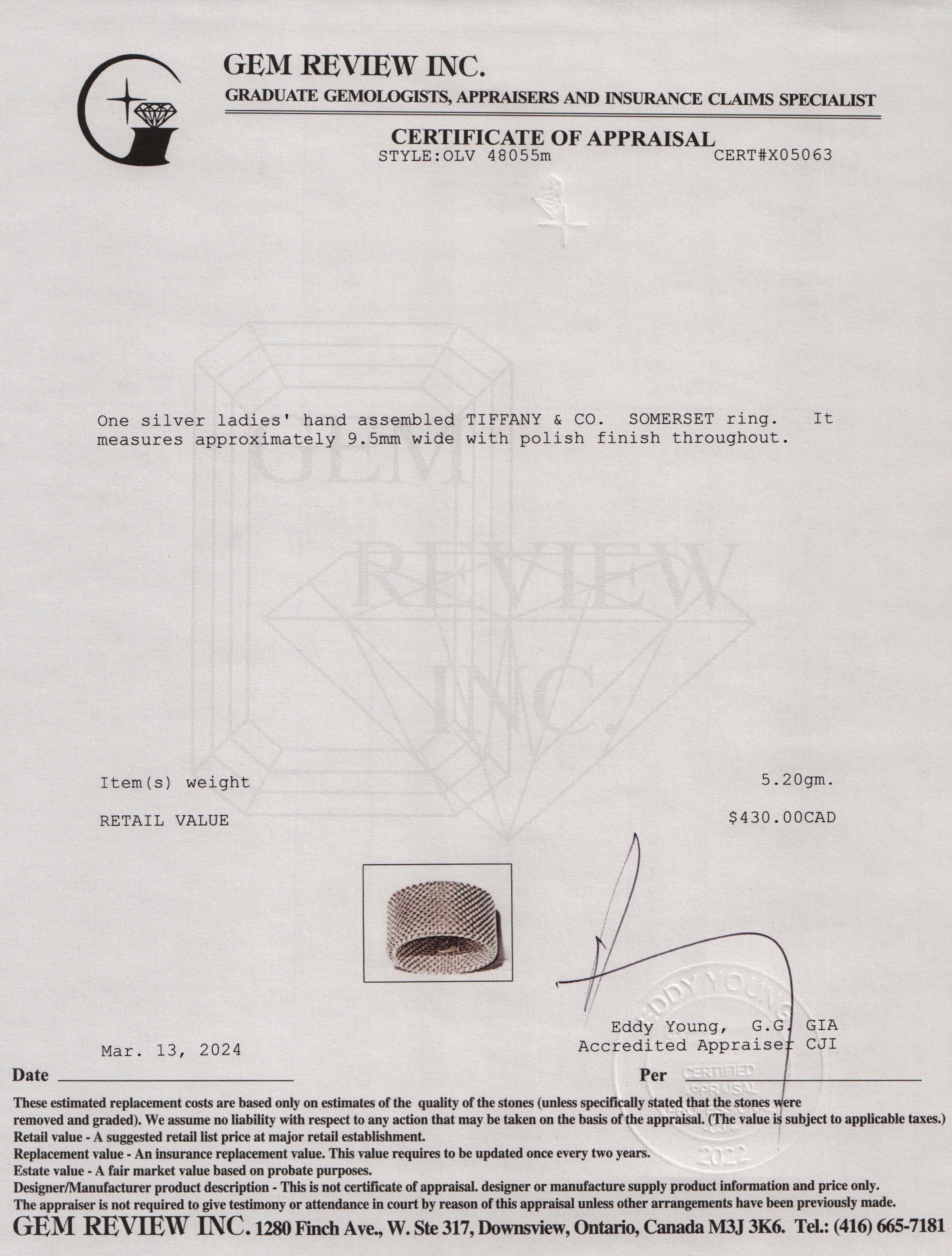 Tiffany & Co. Sterling Silver Somerset Mesh Ring, Size 5.75