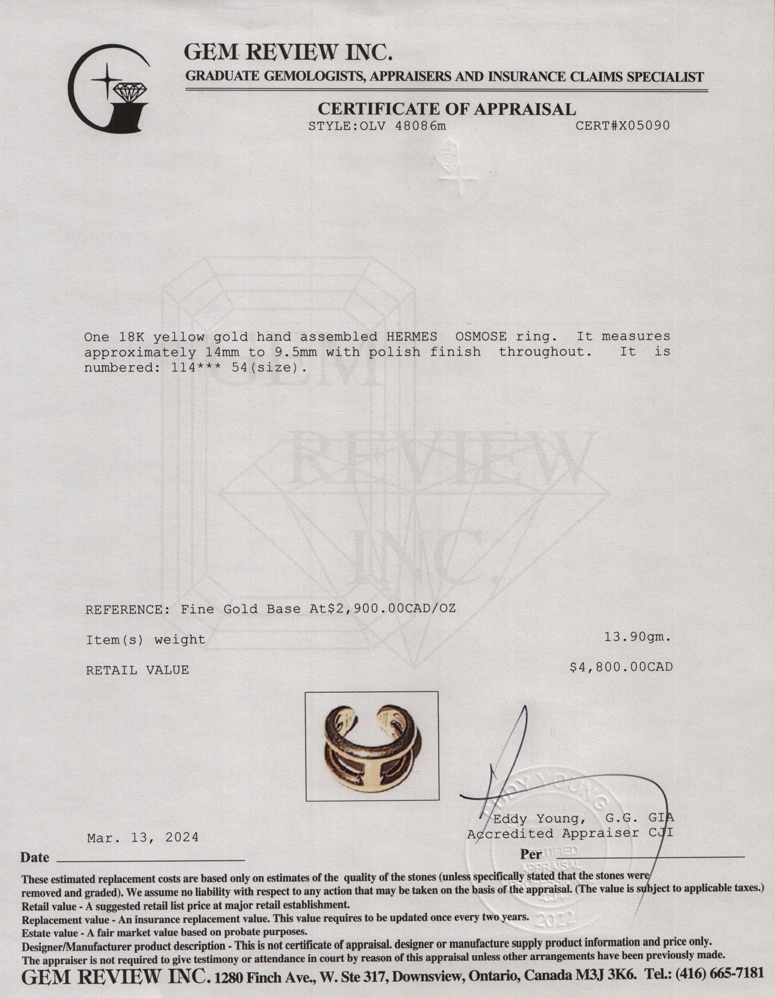 Hermes 18k Yellow Gold Osmose Ring, Size 54 7